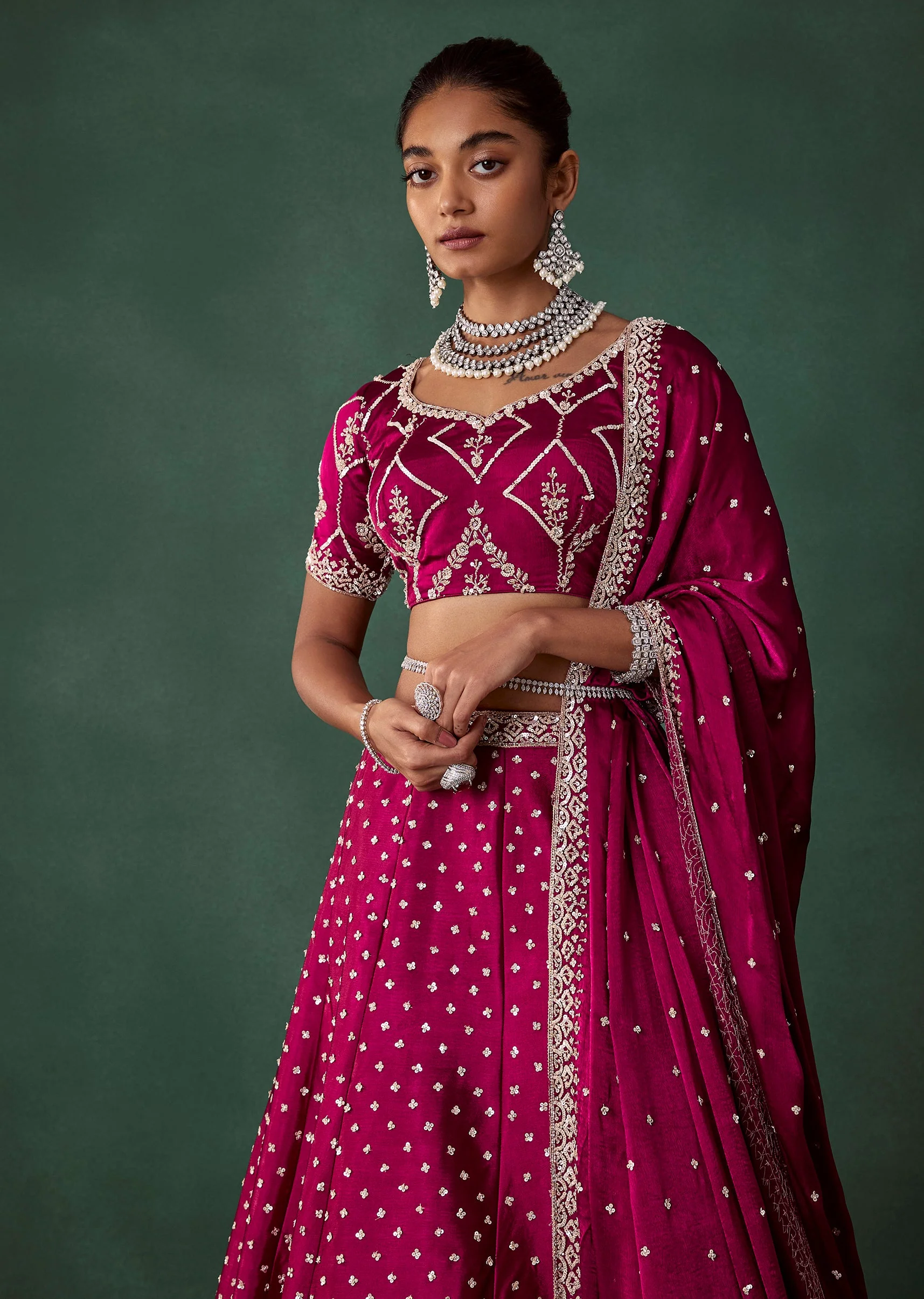 Maroon Embroidered Satin Bridal Lehenga Set with Cutdana - Image 5