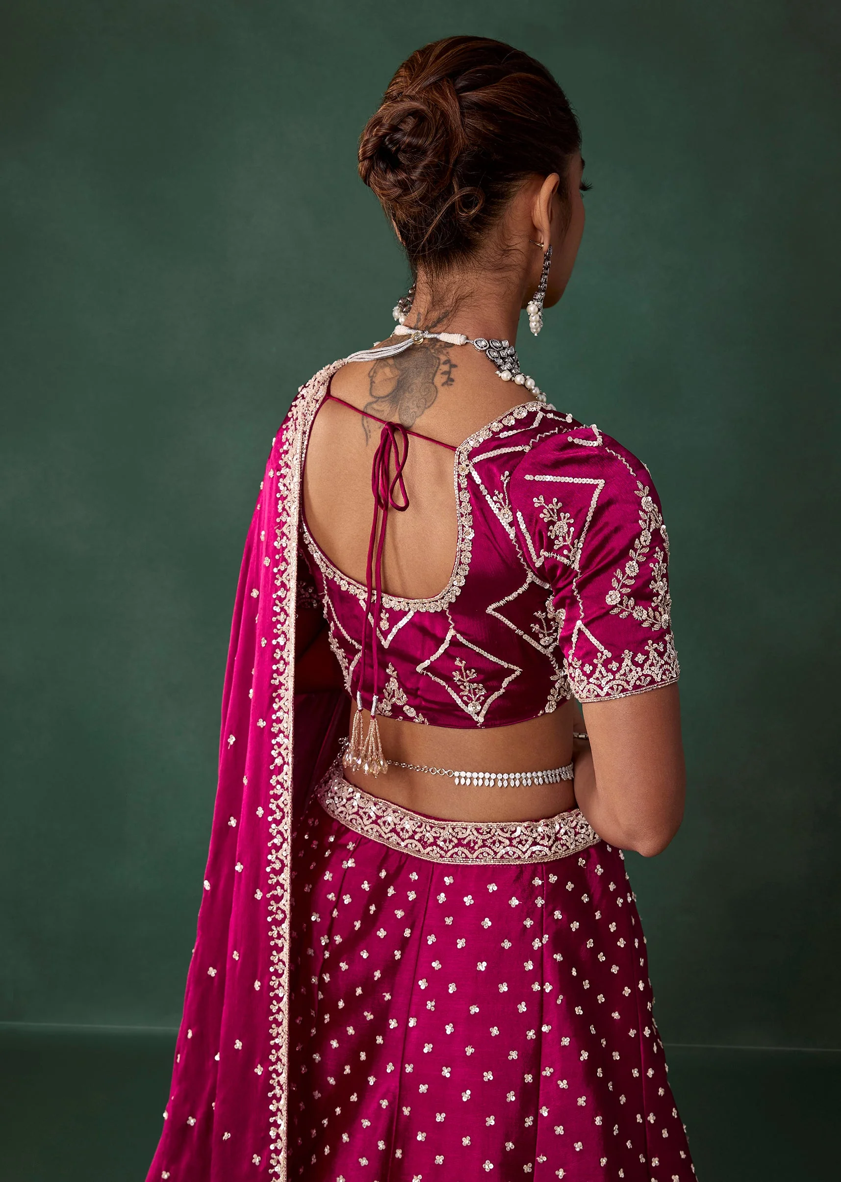 Maroon Embroidered Satin Bridal Lehenga Set with Cutdana - Image 6