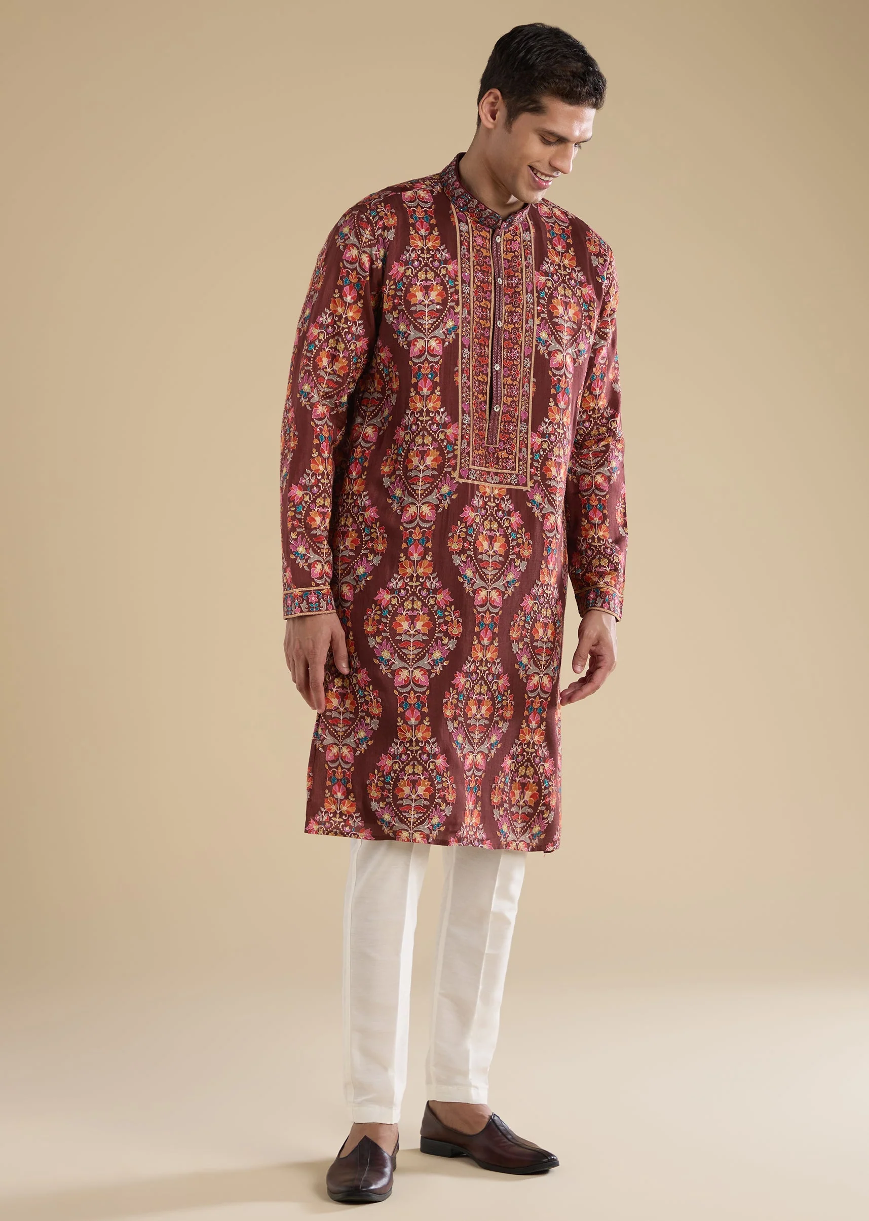 Maroon Embroidered Silk Kurta Set