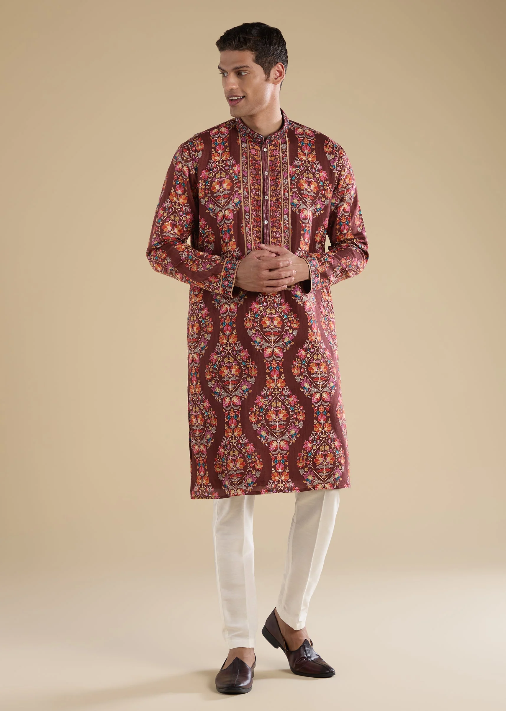 Maroon Embroidered Silk Kurta Set - Image 3