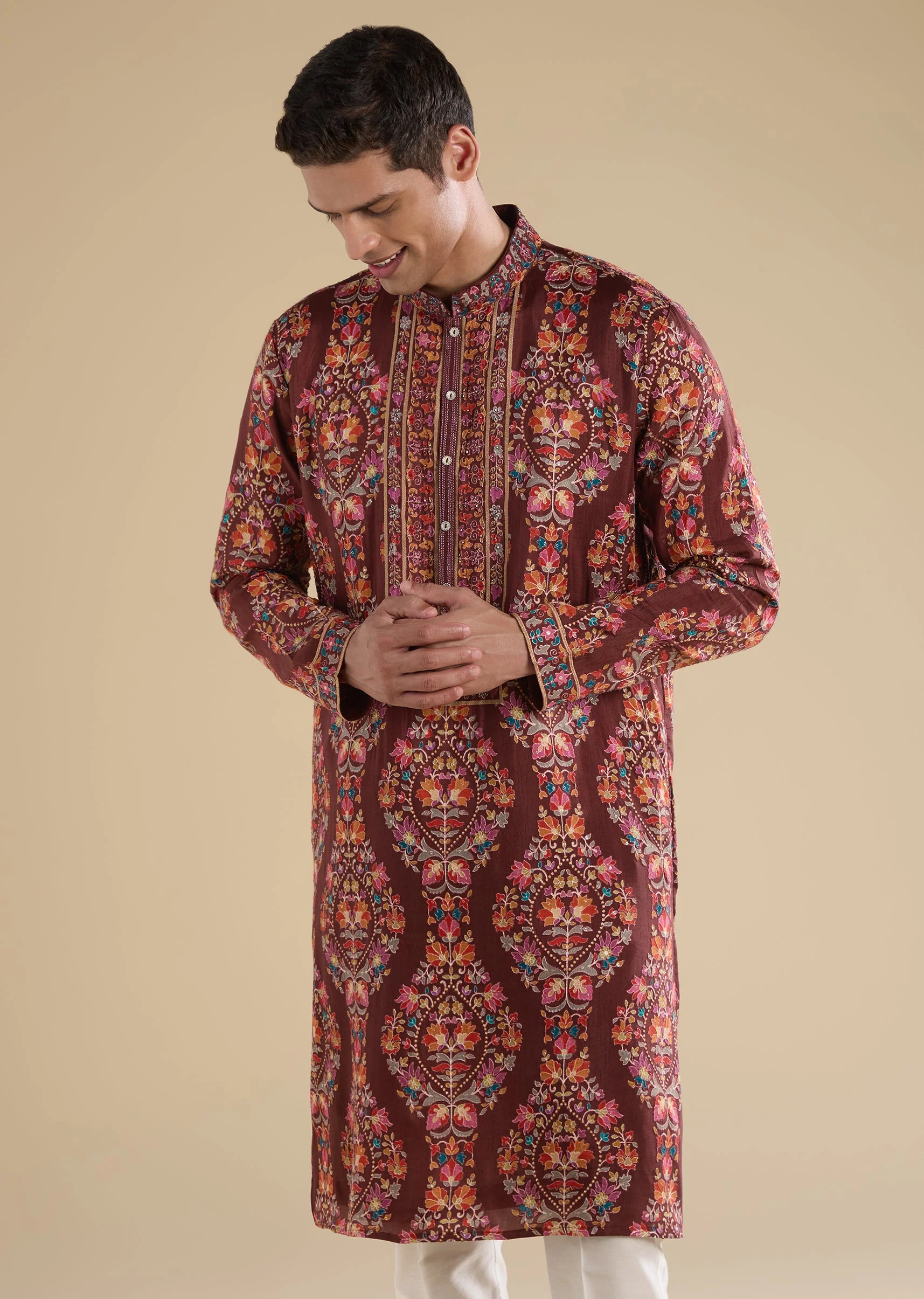 Maroon Embroidered Silk Kurta Set - Image 4