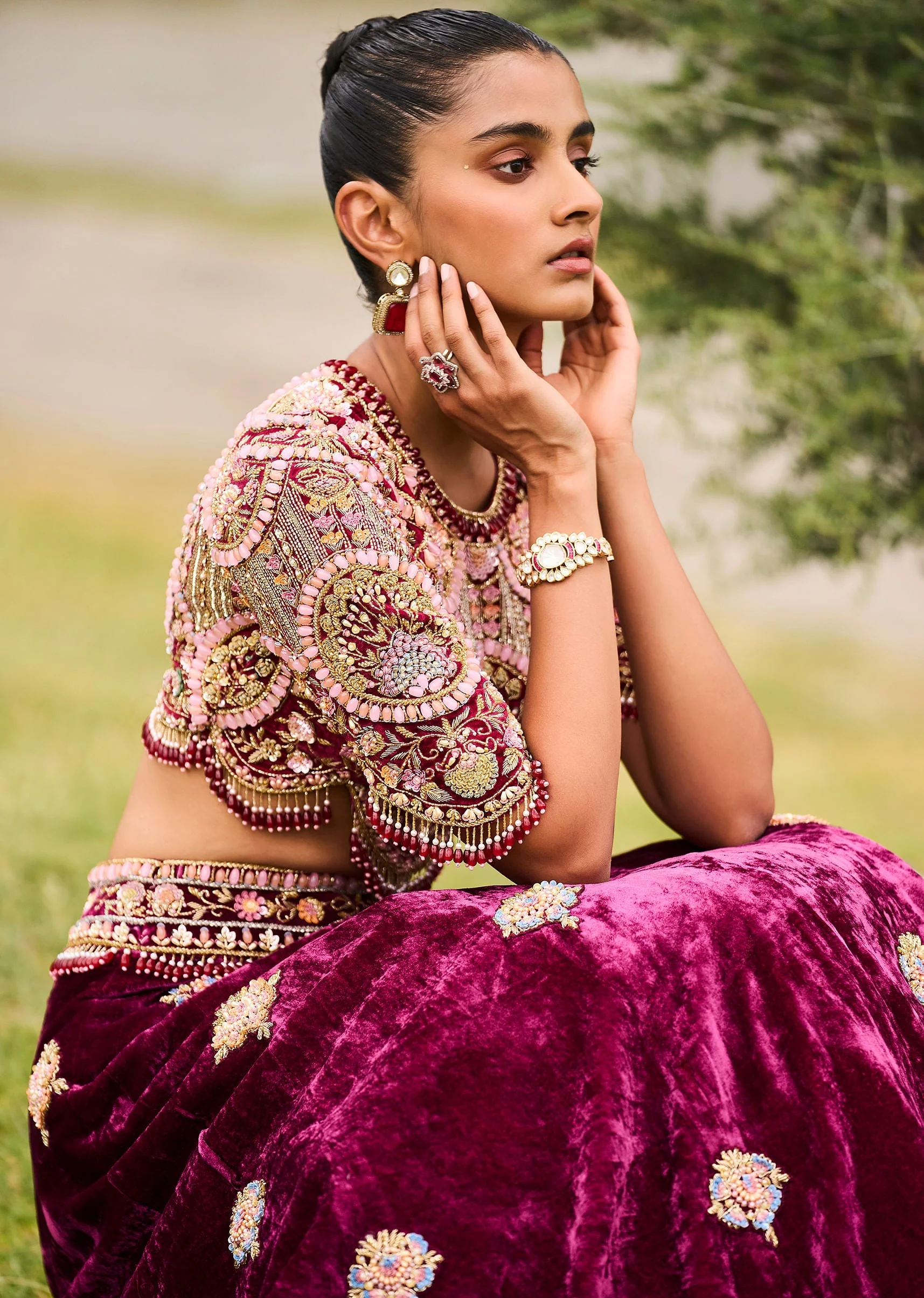 Maroon Embroidered Velvet Lehenga And Blouse With Dupatta - Image 3