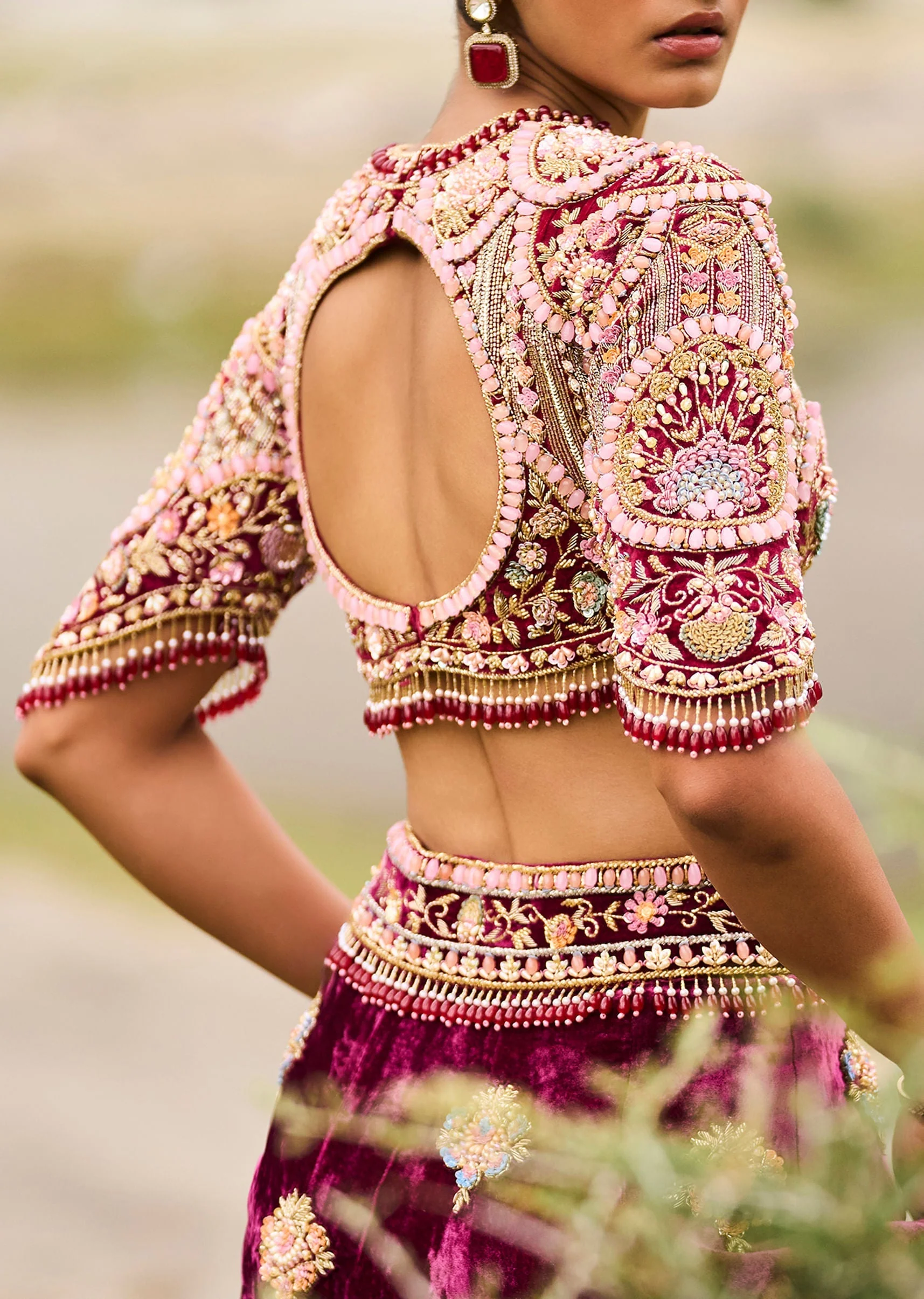 Maroon Embroidered Velvet Lehenga And Blouse With Dupatta - Image 5