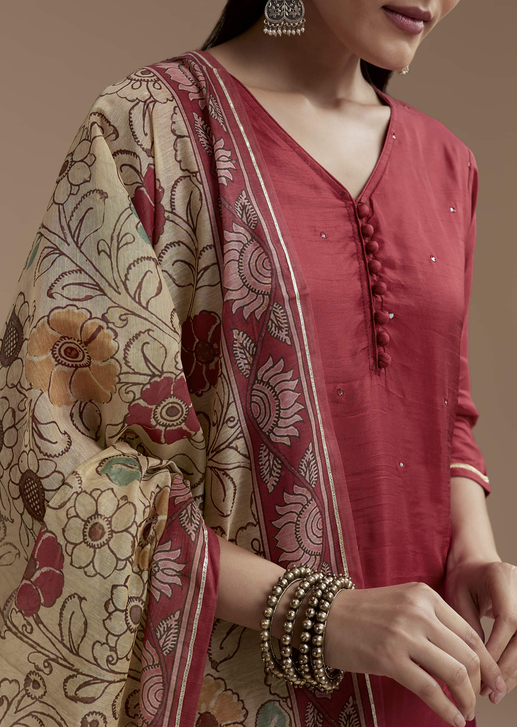 Maroon Foil Mirror Kurta Set with Kalamkari Dupatta - Image 2