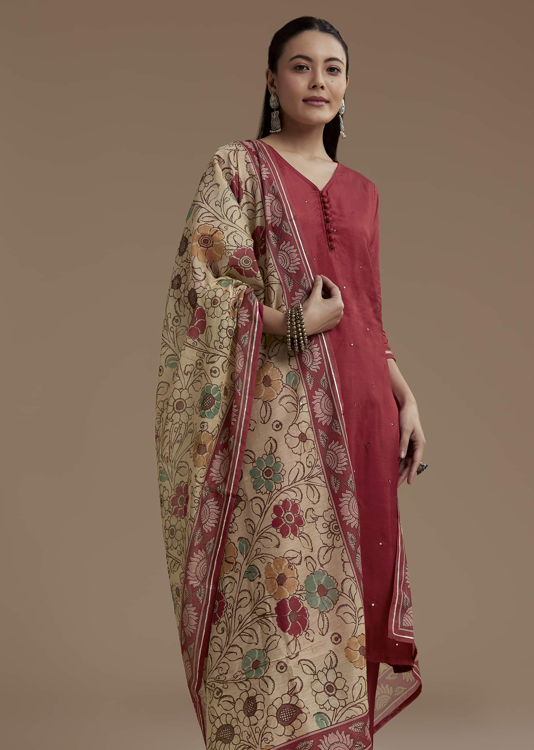 Maroon Foil Mirror Kurta Set with Kalamkari Dupatta - Image 4