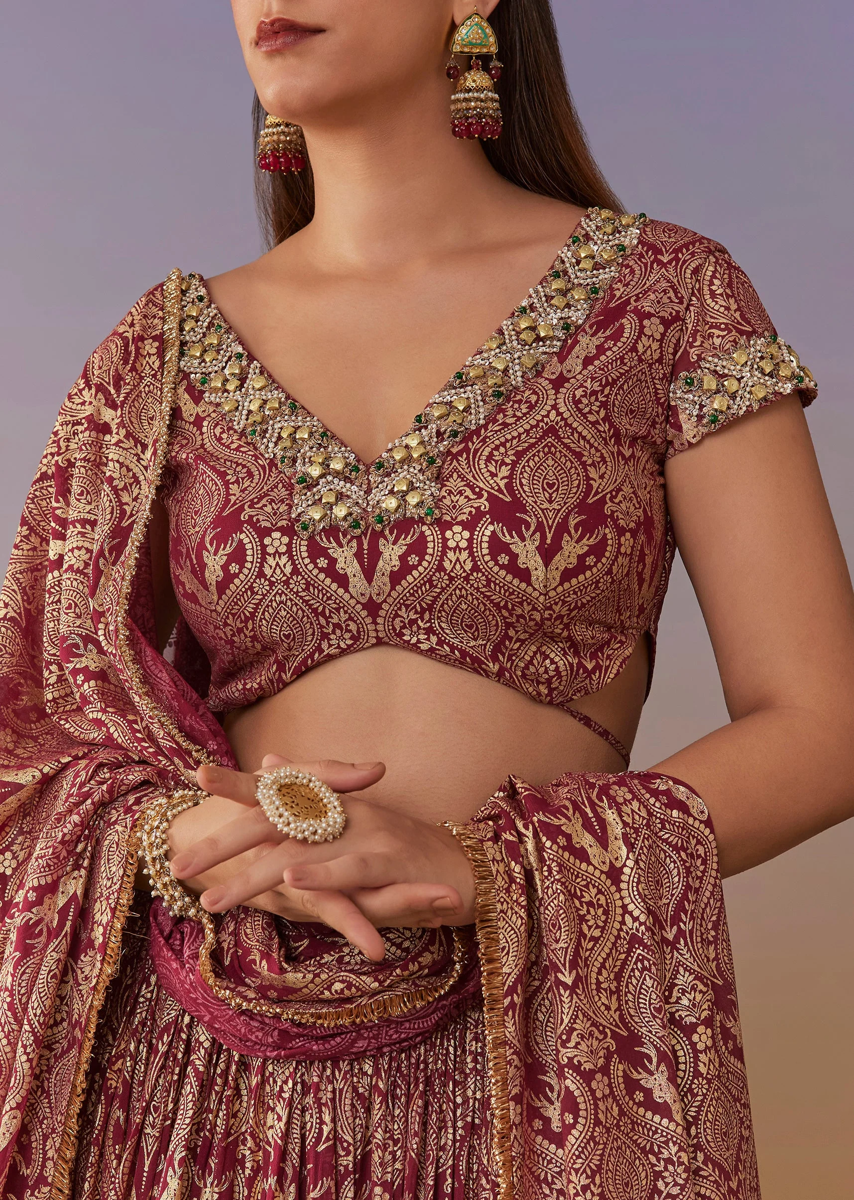 Maroon Foil Printed Lehenga Set With Subtle Embellished Detailing - Image 3