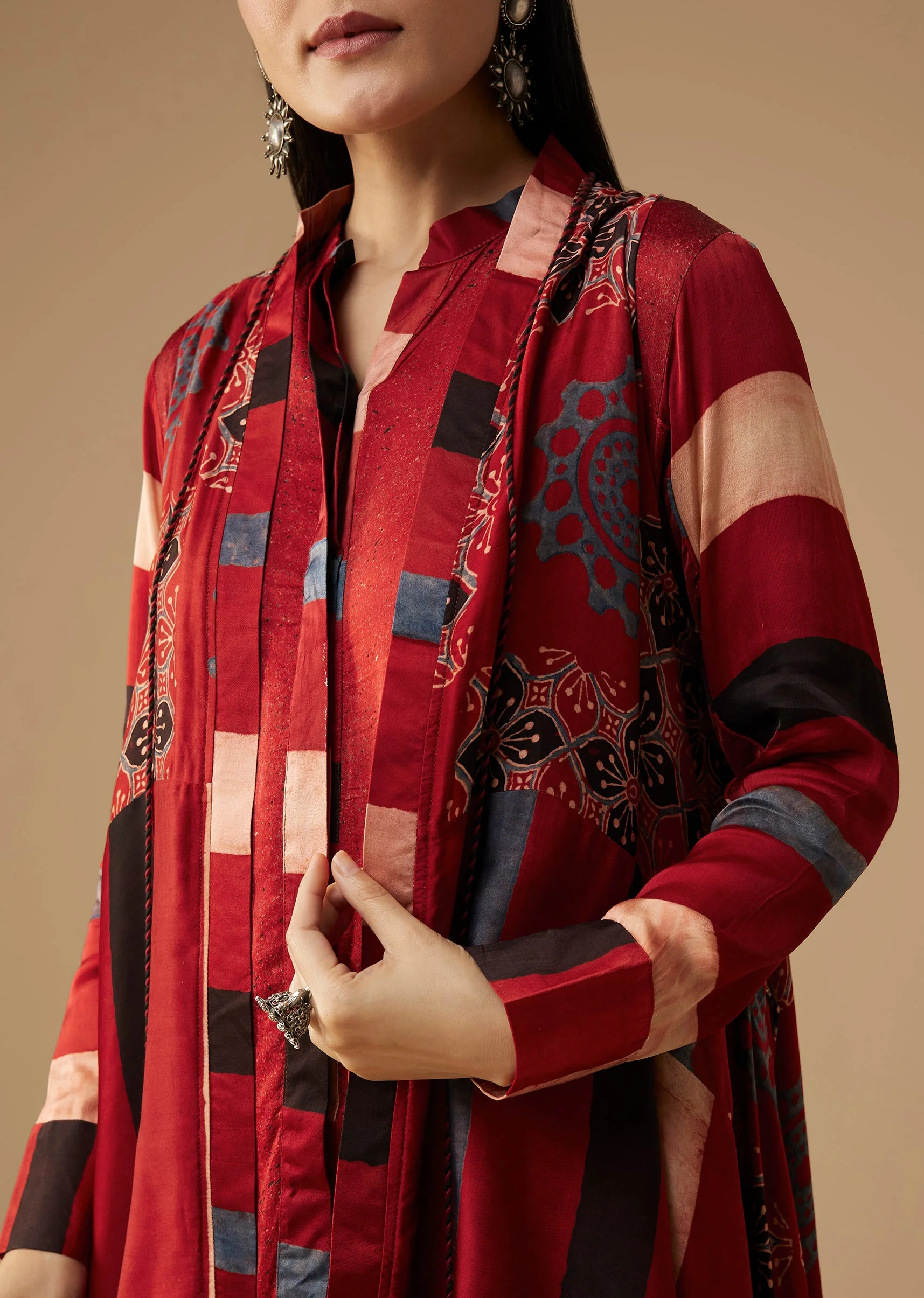 Maroon Hand Dyed Ajrakh Jacket, Shirt and Dhoti Set - Image 2