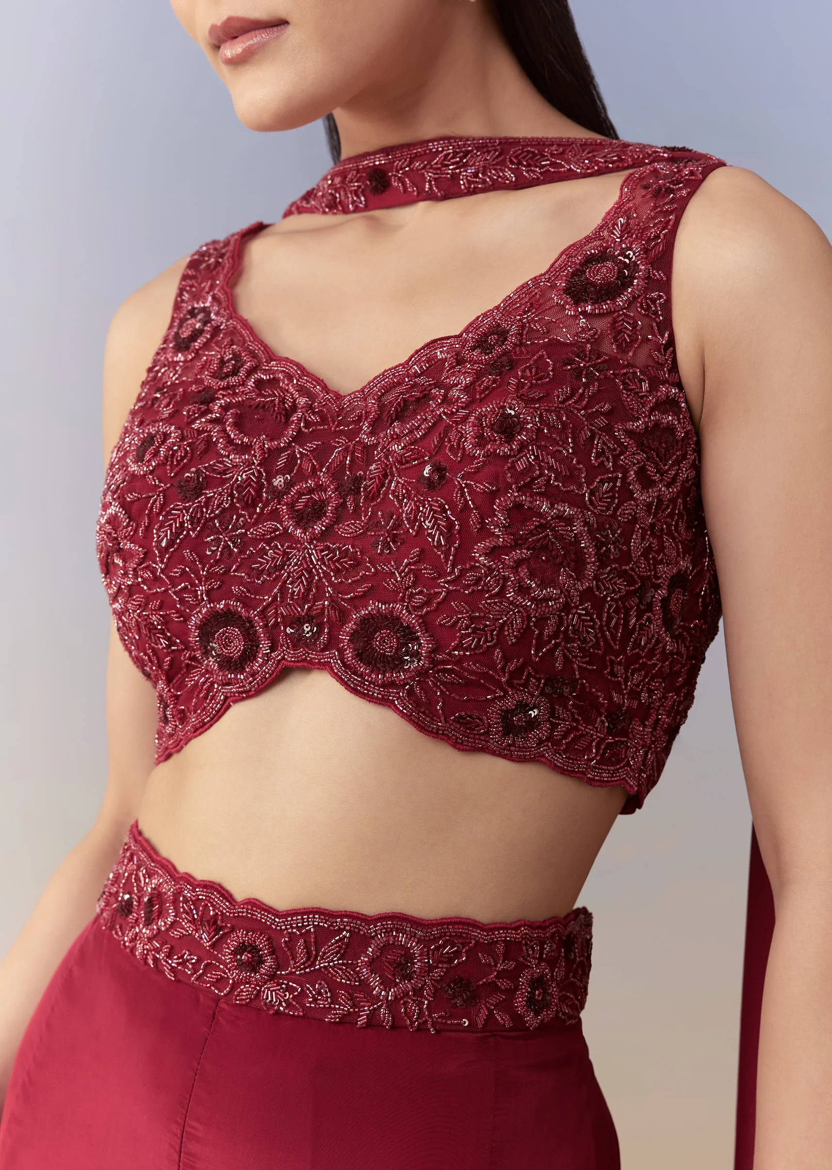 Maroon Indo Western Crop Top Palazzo and Dupatta Set - Image 2
