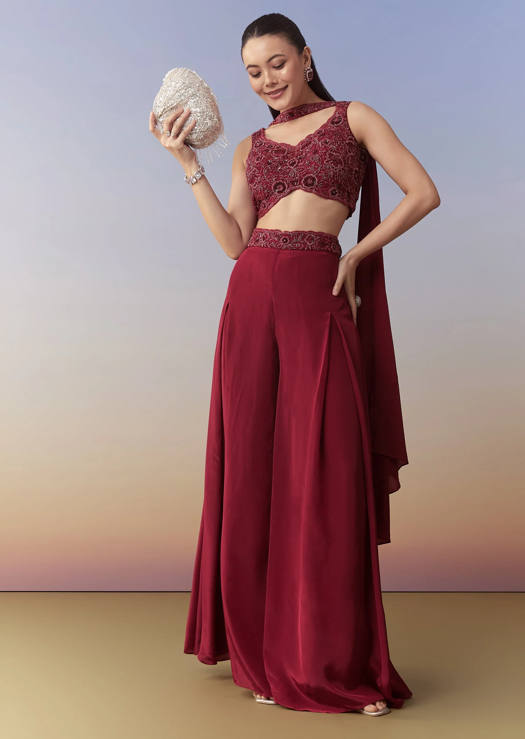 Maroon Indo Western Crop Top Palazzo and Dupatta Set - Image 3