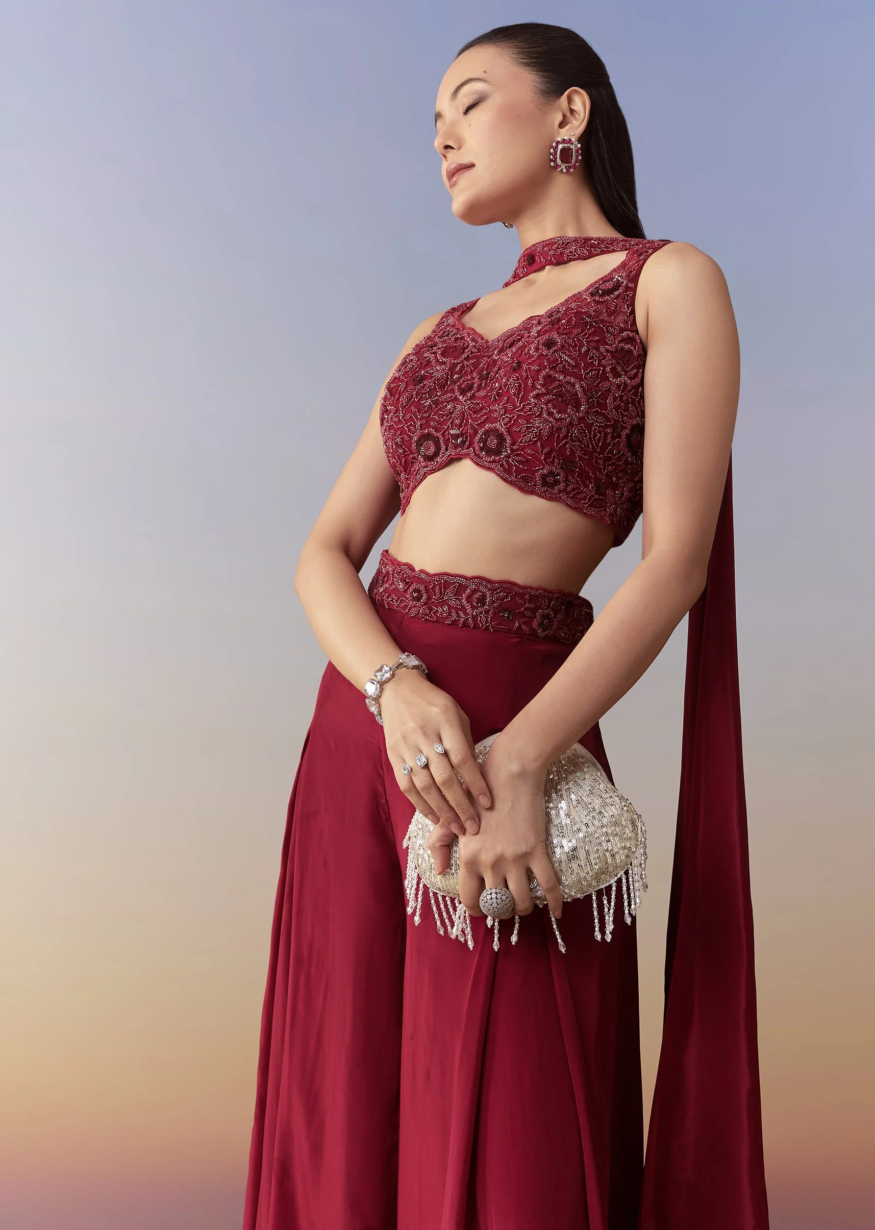 Maroon Indo Western Crop Top Palazzo and Dupatta Set - Image 4