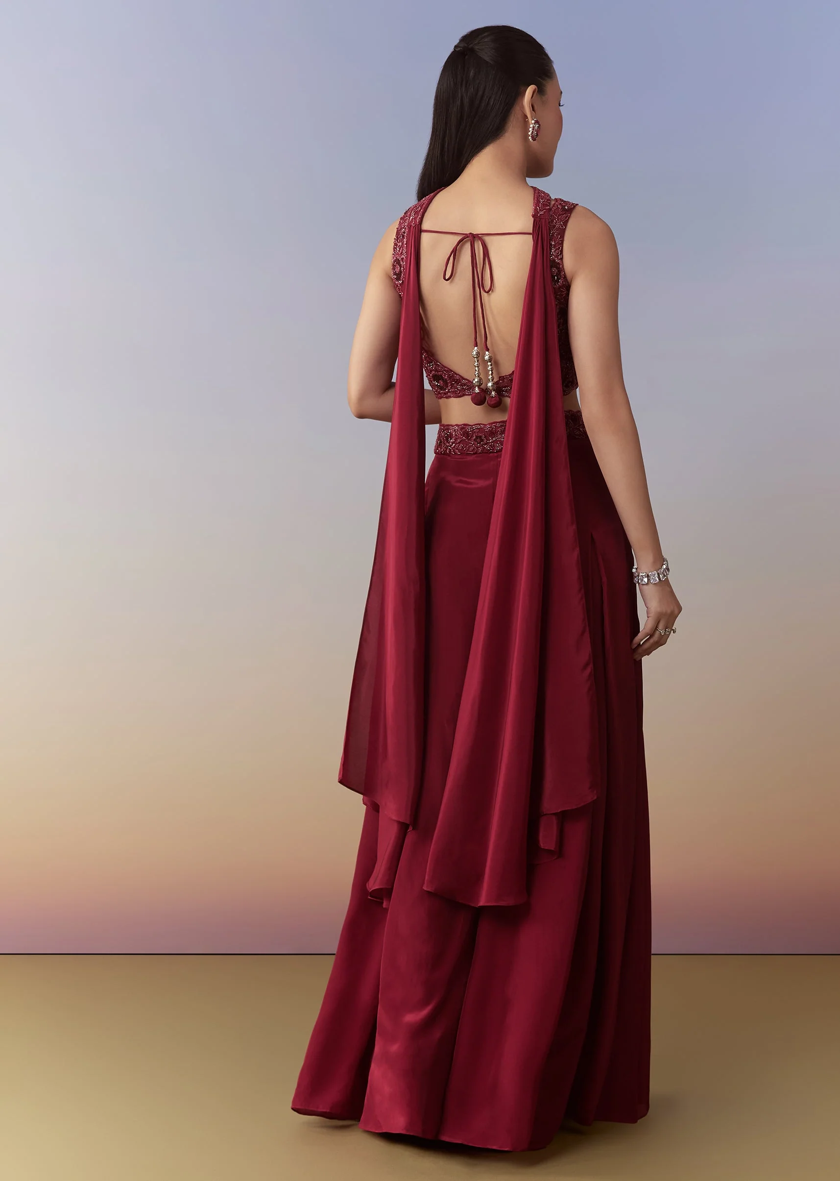 Maroon Indo Western Crop Top Palazzo and Dupatta Set - Image 5
