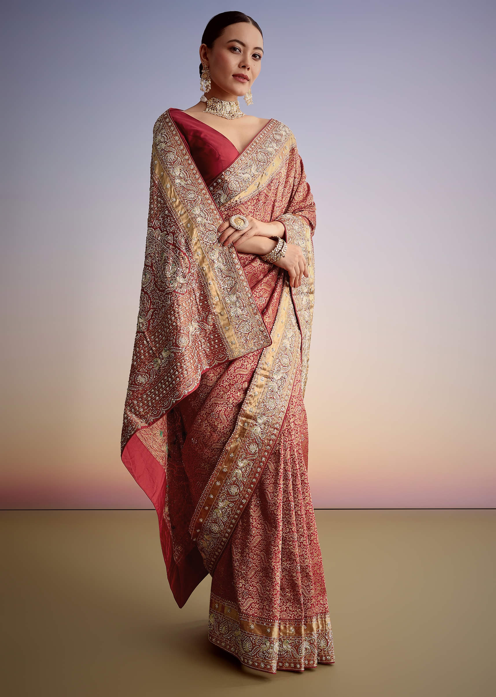 Maroon Jacquard Silk Saree With Heavy Embroidered Border And Pallu - Image 2