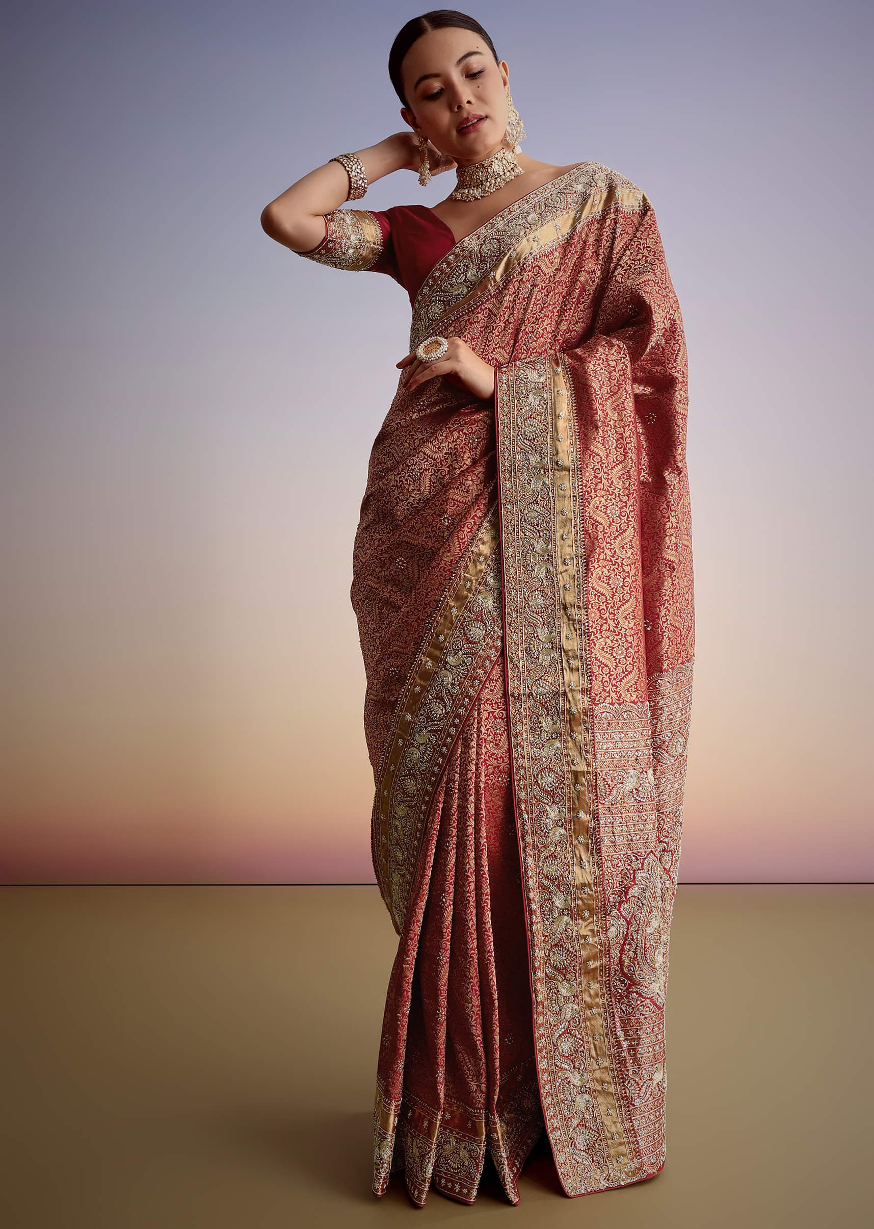 Maroon Jacquard Silk Saree With Heavy Embroidered Border And Pallu - Image 4