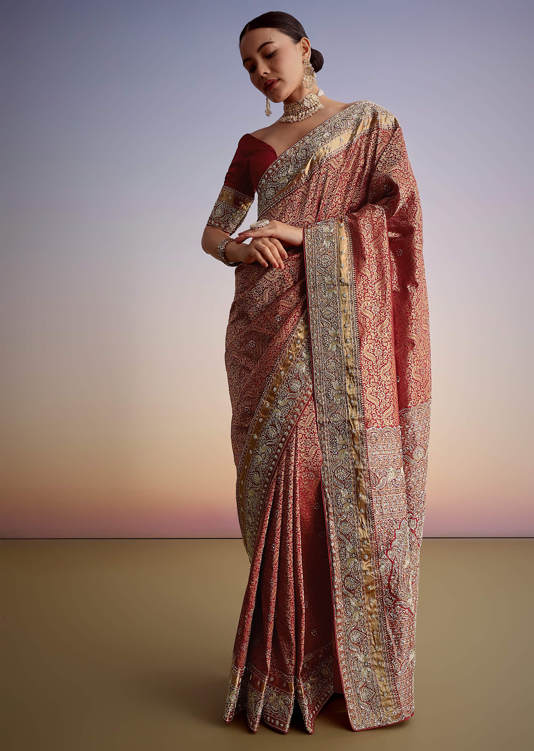 Maroon Jacquard Silk Saree With Heavy Embroidered Border And Pallu - Image 6