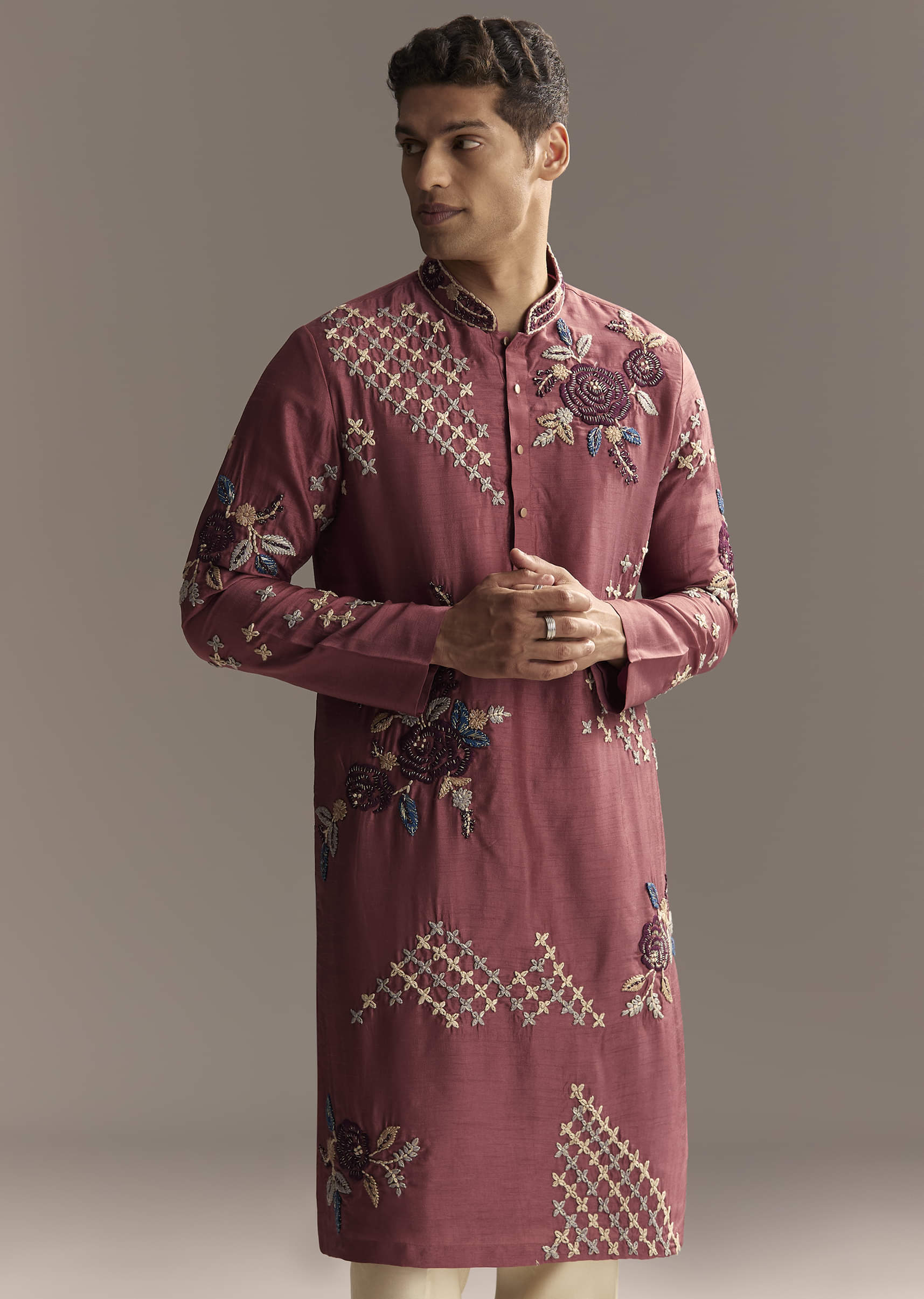 Maroon Kurta Set For Men With Floral Resham Embroidery - Image 5