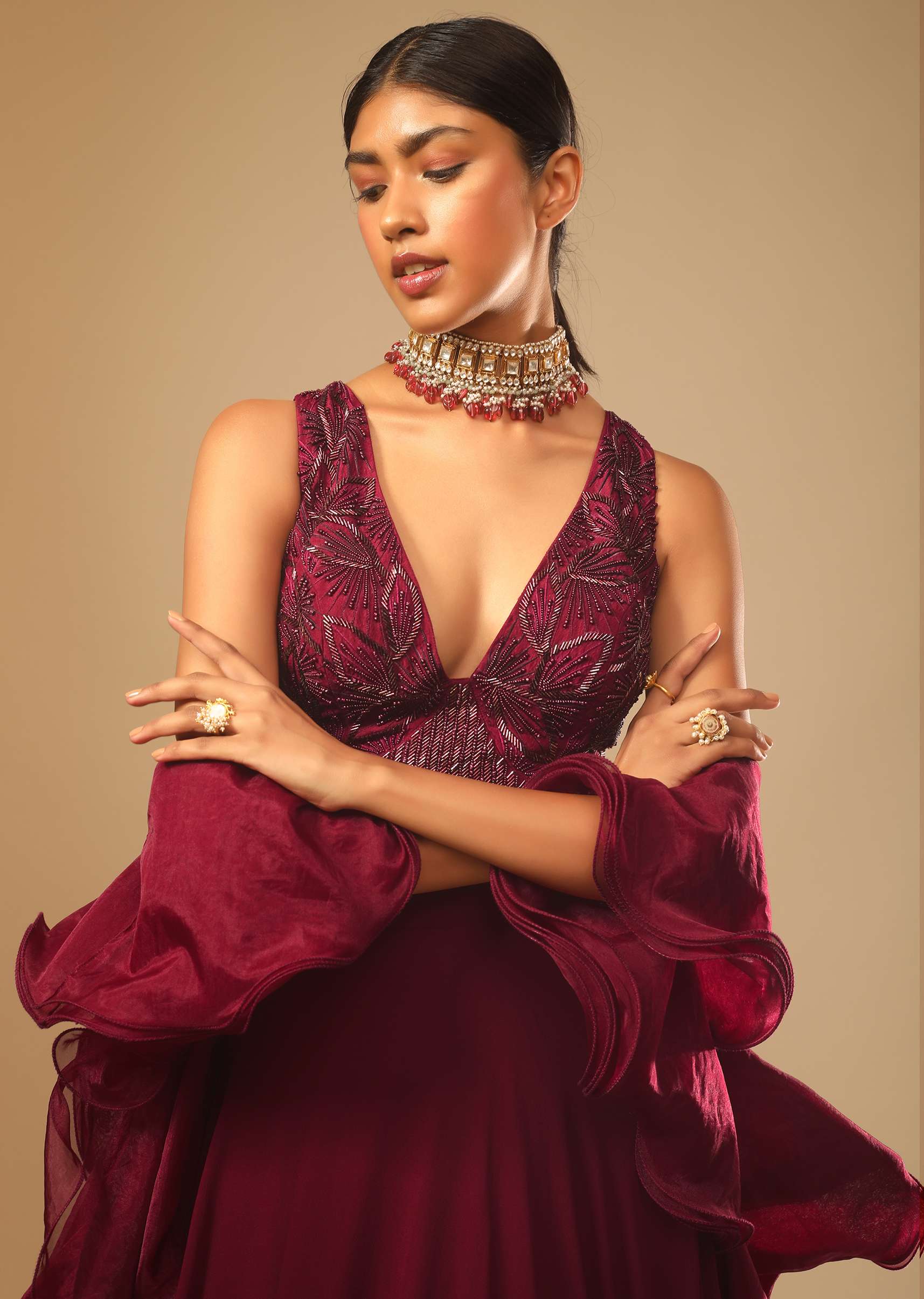 Maroon Lehenga And Crop Top With Hand Embroidered Leaf Motifs And A Ruffle Dupatta - Image 4
