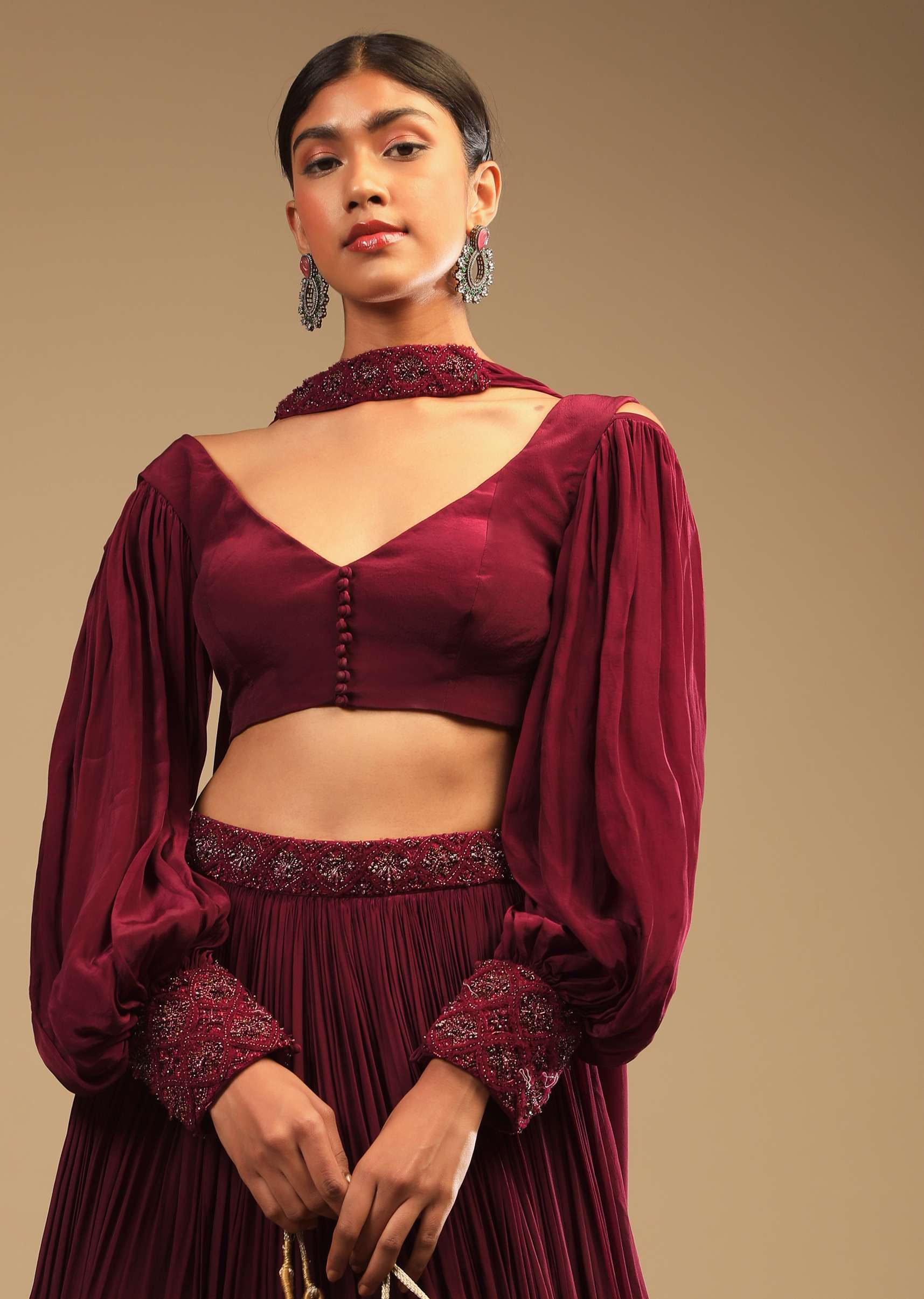Maroon Lehenga In Crepe With Embroidery Detailing On The Waist And Bishop Sleeved Crop Top - Image 2