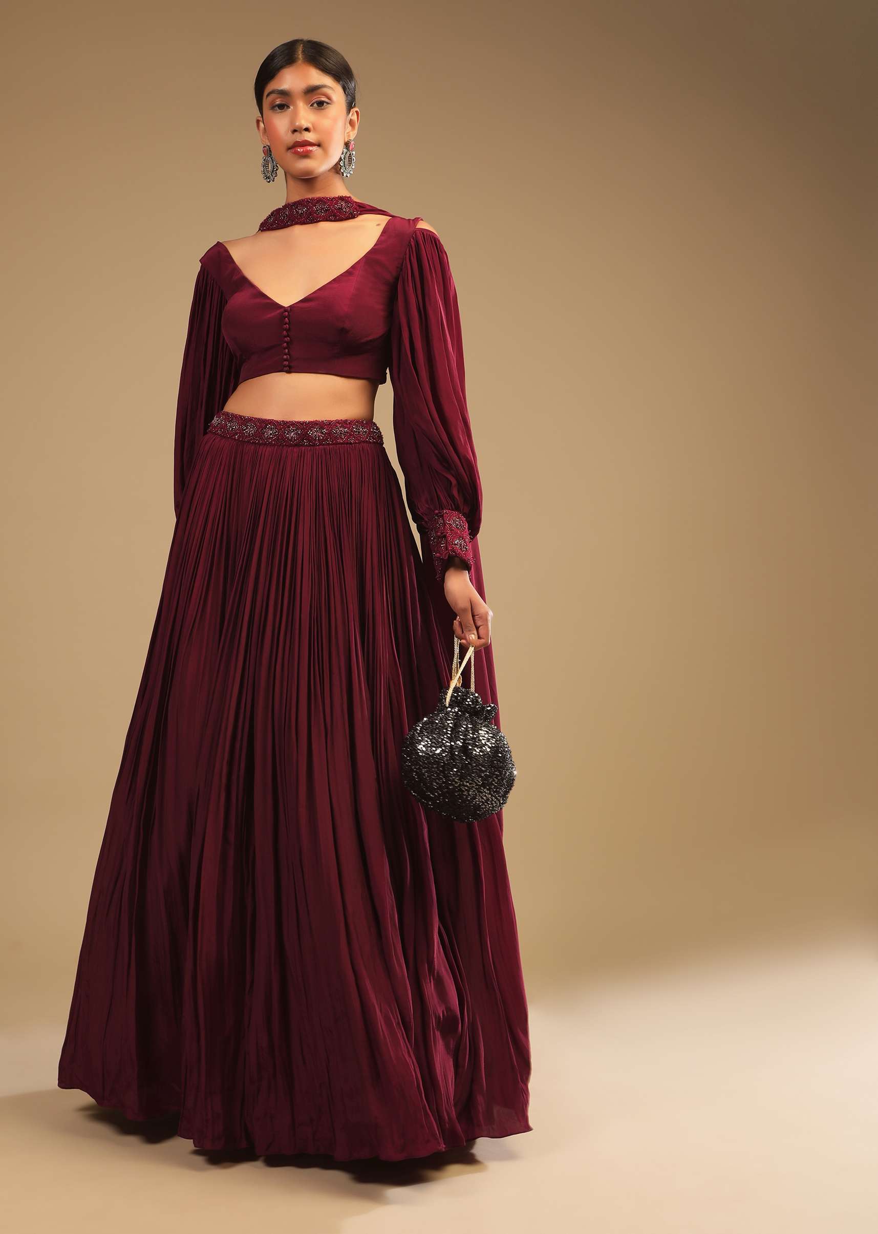 Maroon Lehenga In Crepe With Embroidery Detailing On The Waist And Bishop Sleeved Crop Top - Image 3