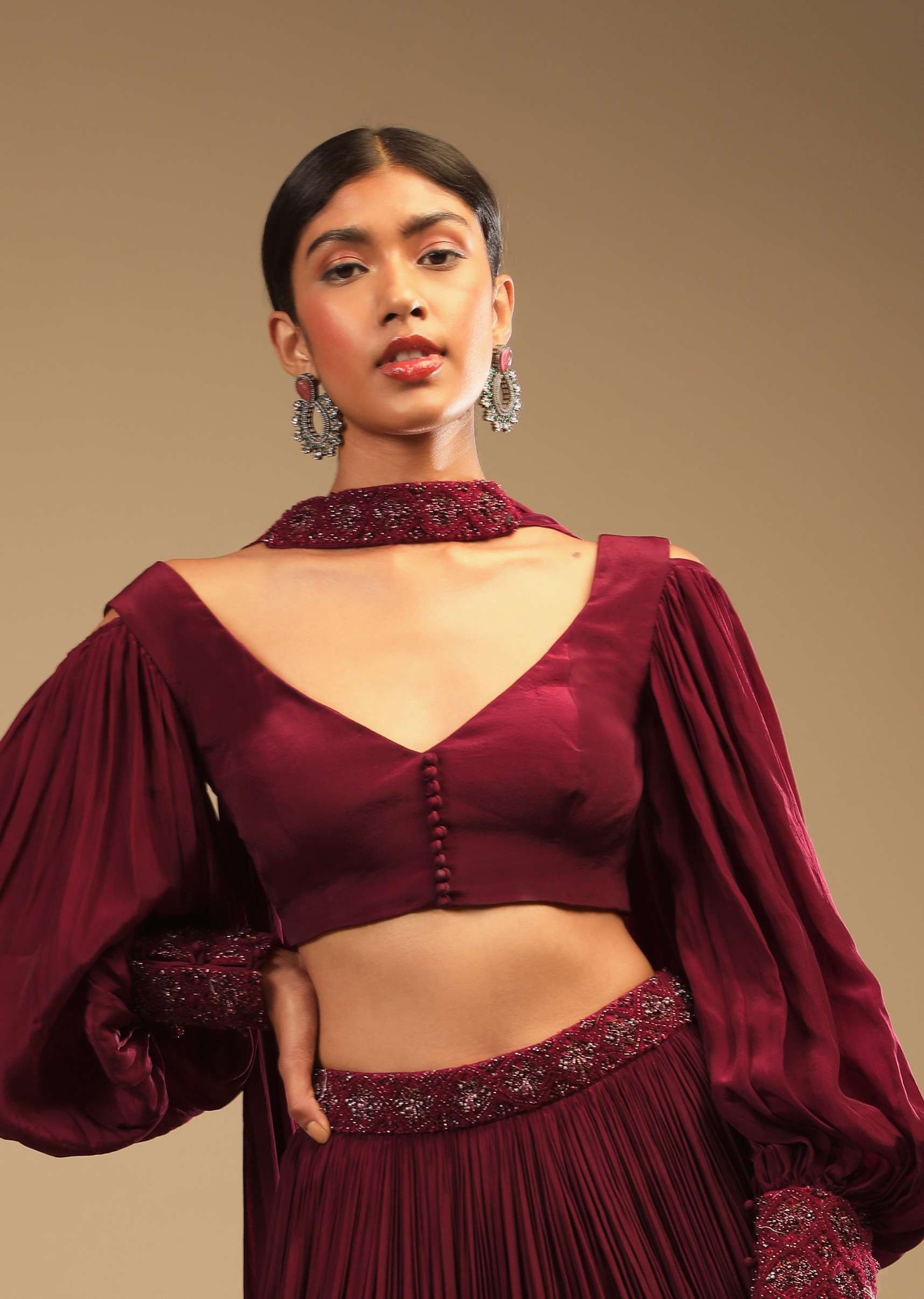 Maroon Lehenga In Crepe With Embroidery Detailing On The Waist And Bishop Sleeved Crop Top - Image 4