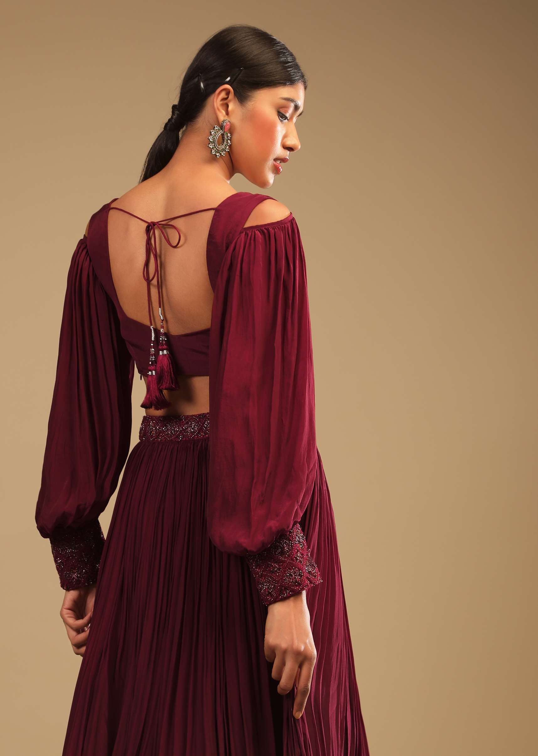 Maroon Lehenga In Crepe With Embroidery Detailing On The Waist And Bishop Sleeved Crop Top - Image 5