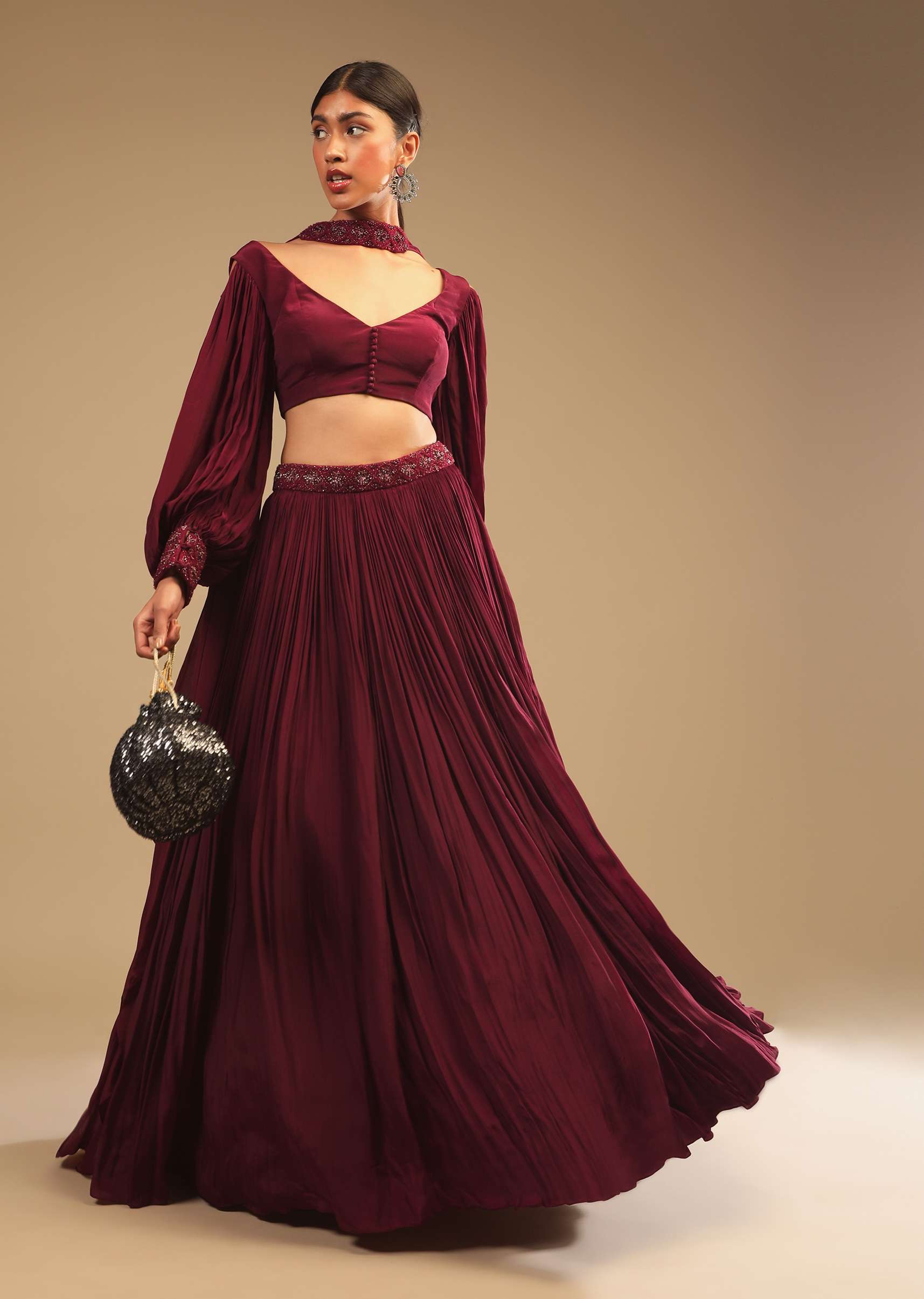 Maroon Lehenga In Crepe With Embroidery Detailing On The Waist And Bishop Sleeved Crop Top - Image 6
