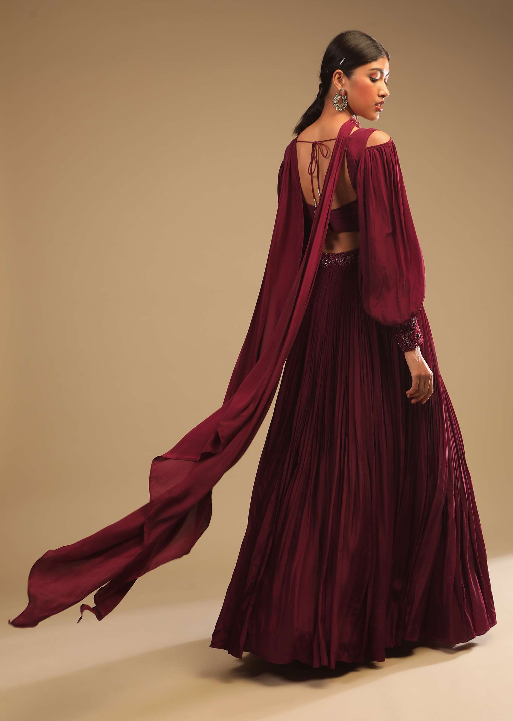 Maroon Lehenga In Crepe With Embroidery Detailing On The Waist And Bishop Sleeved Crop Top - Image 7