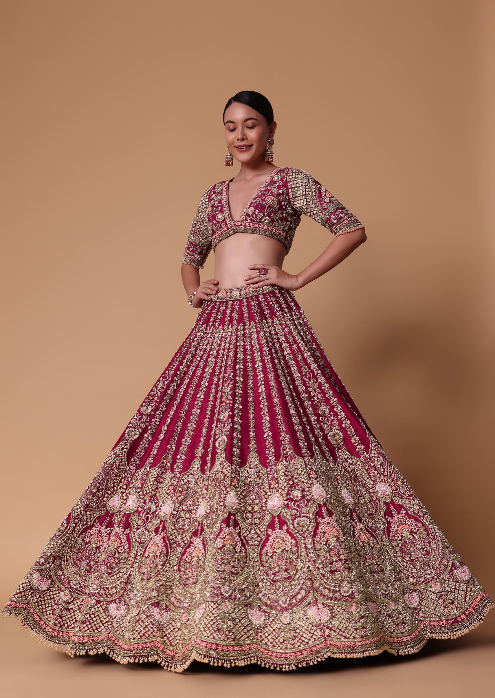 Maroon Raw Silk 16 Kali Zardozi Lehenga Set With Two Dupattas - Image 2