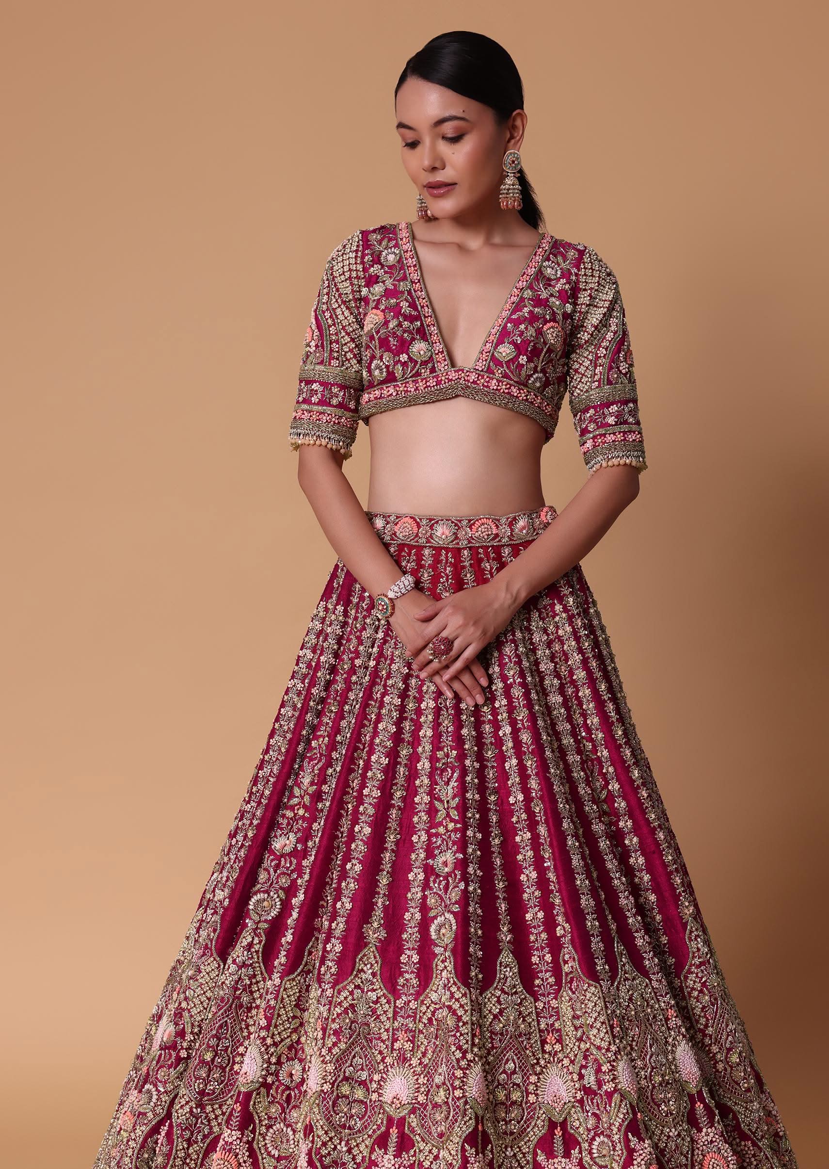 Maroon Raw Silk 16 Kali Zardozi Lehenga Set With Two Dupattas - Image 3