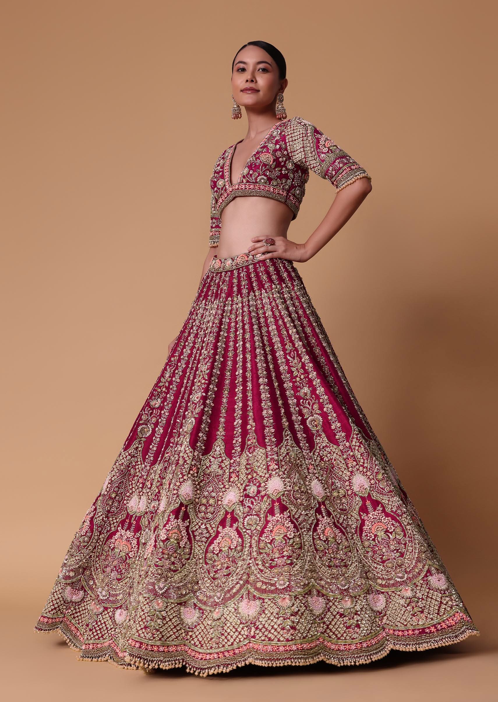 Maroon Raw Silk 16 Kali Zardozi Lehenga Set With Two Dupattas - Image 5