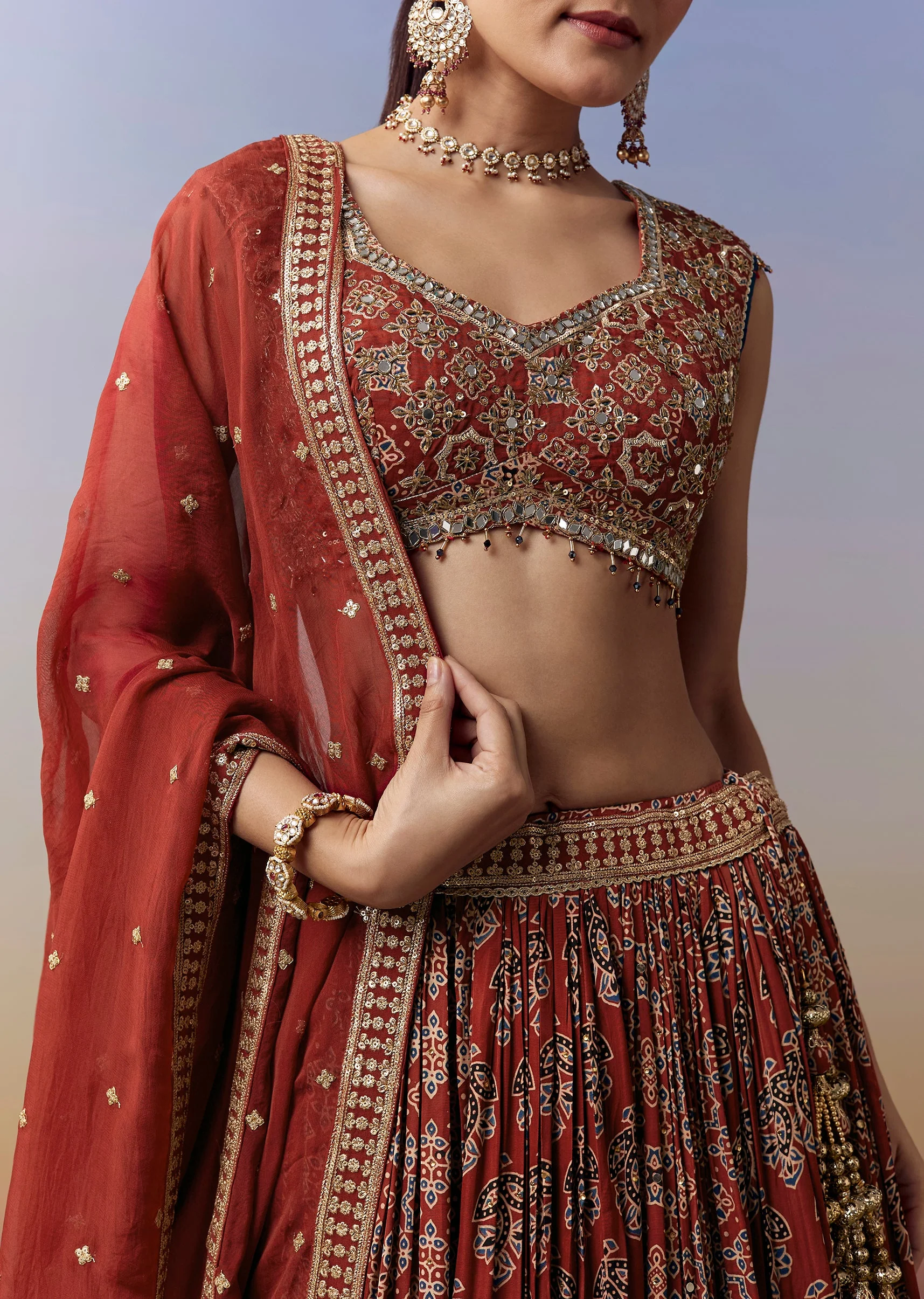 Maroon Lehenga With Ajrakh Print And Mirror Cut Dana Sequins Work - Image 2