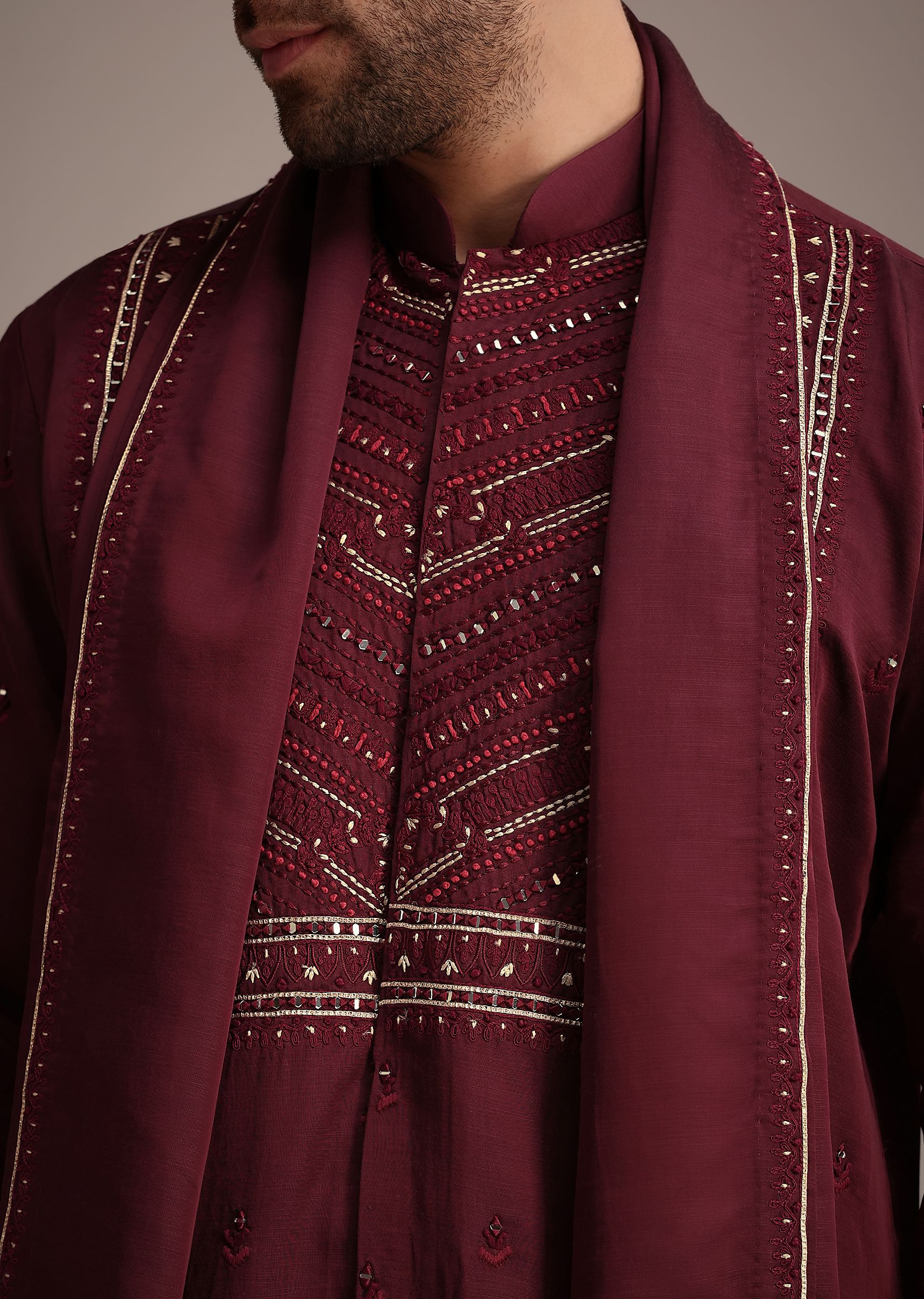 Maroon Mirror Embroidered Kurta Set With Dupatta - Image 2