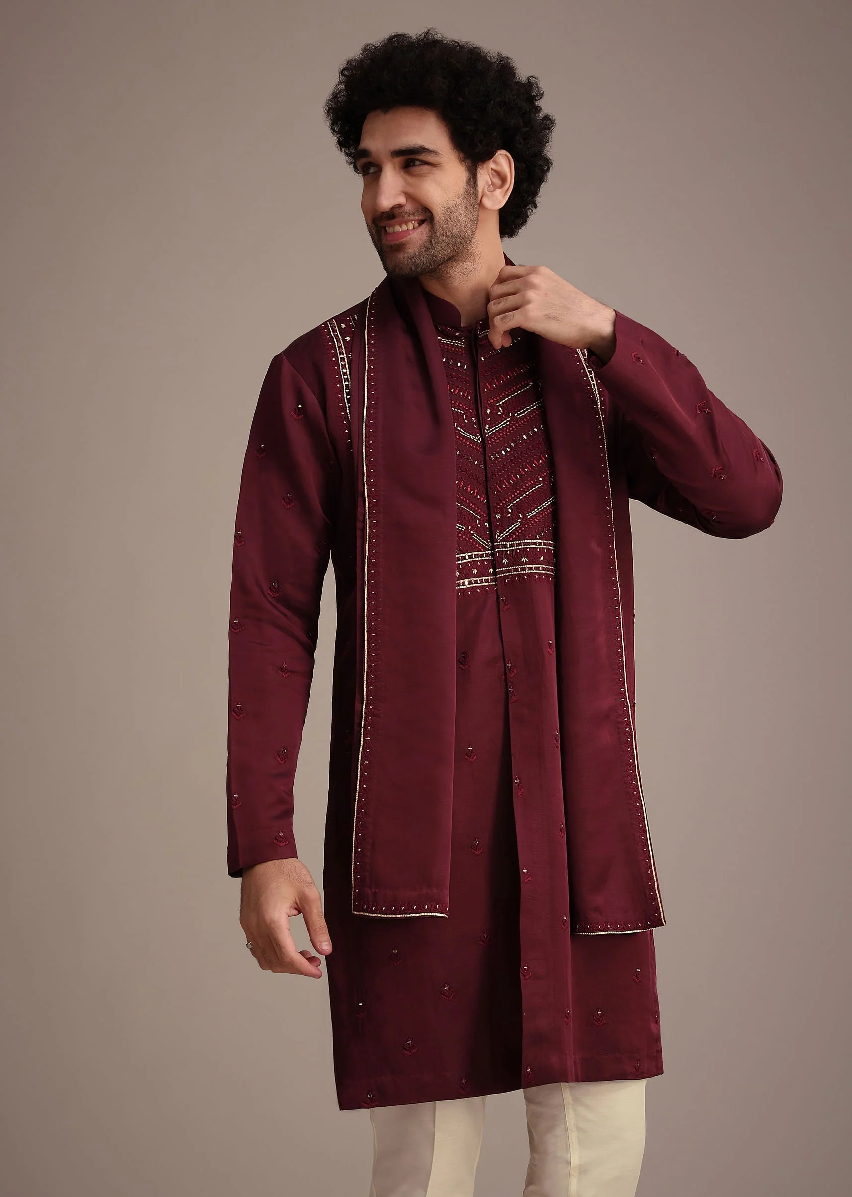 Maroon Mirror Embroidered Kurta Set With Dupatta - Image 4