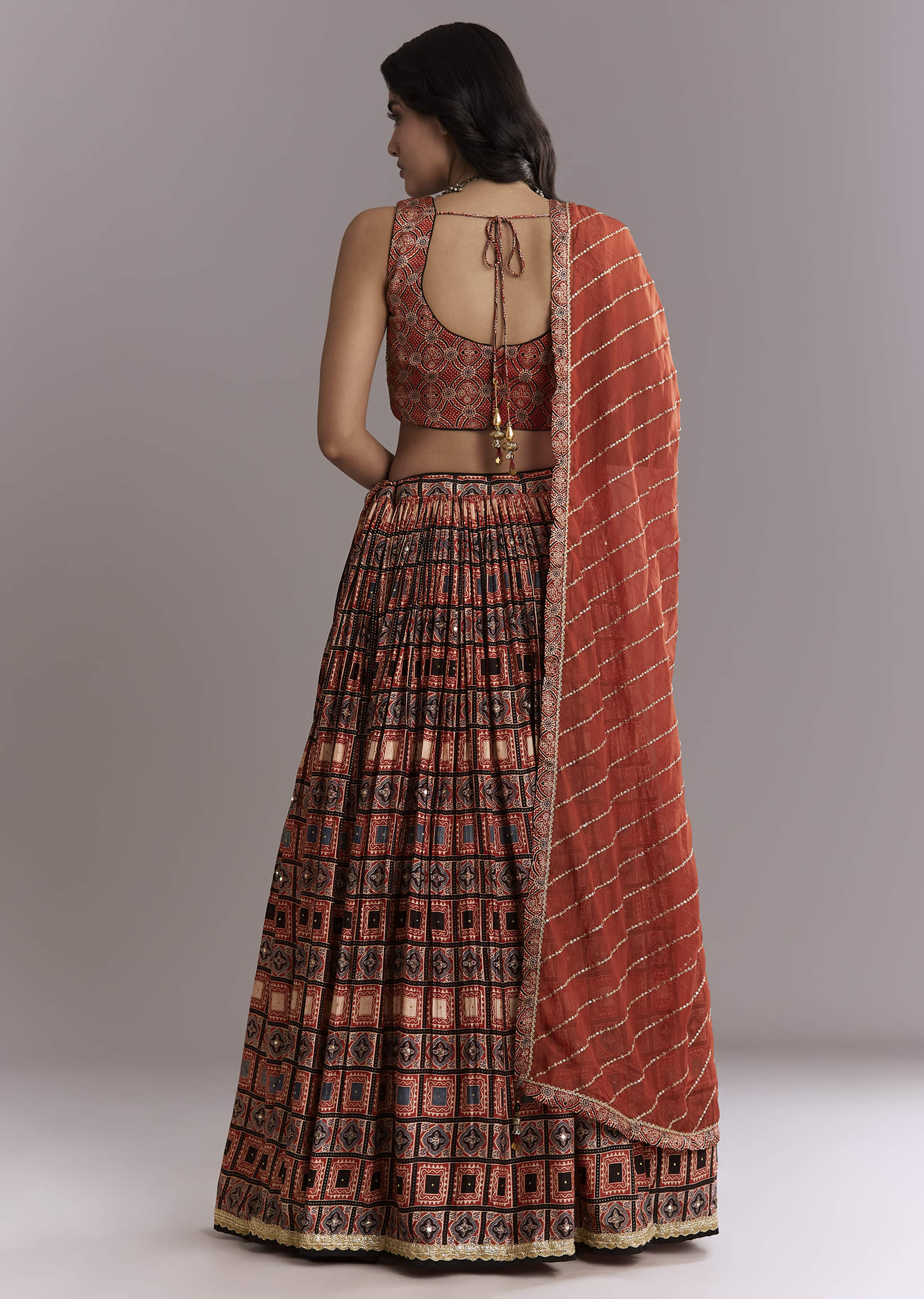Maroon Modal Bridesmaid Lehenga With Hand Dyed Ajrakh Print - Image 2