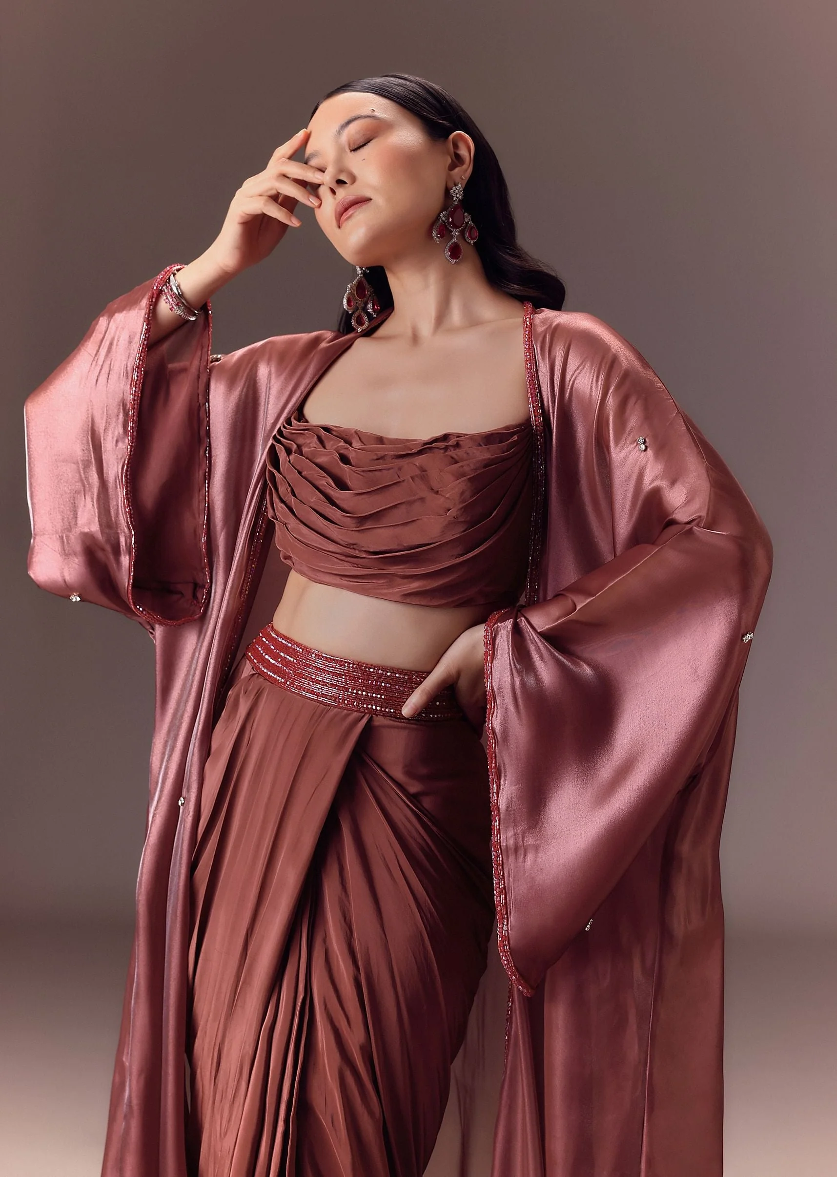 Maroon Organza Cowl Blouse With Jacket And Draped Skirt - Image 2