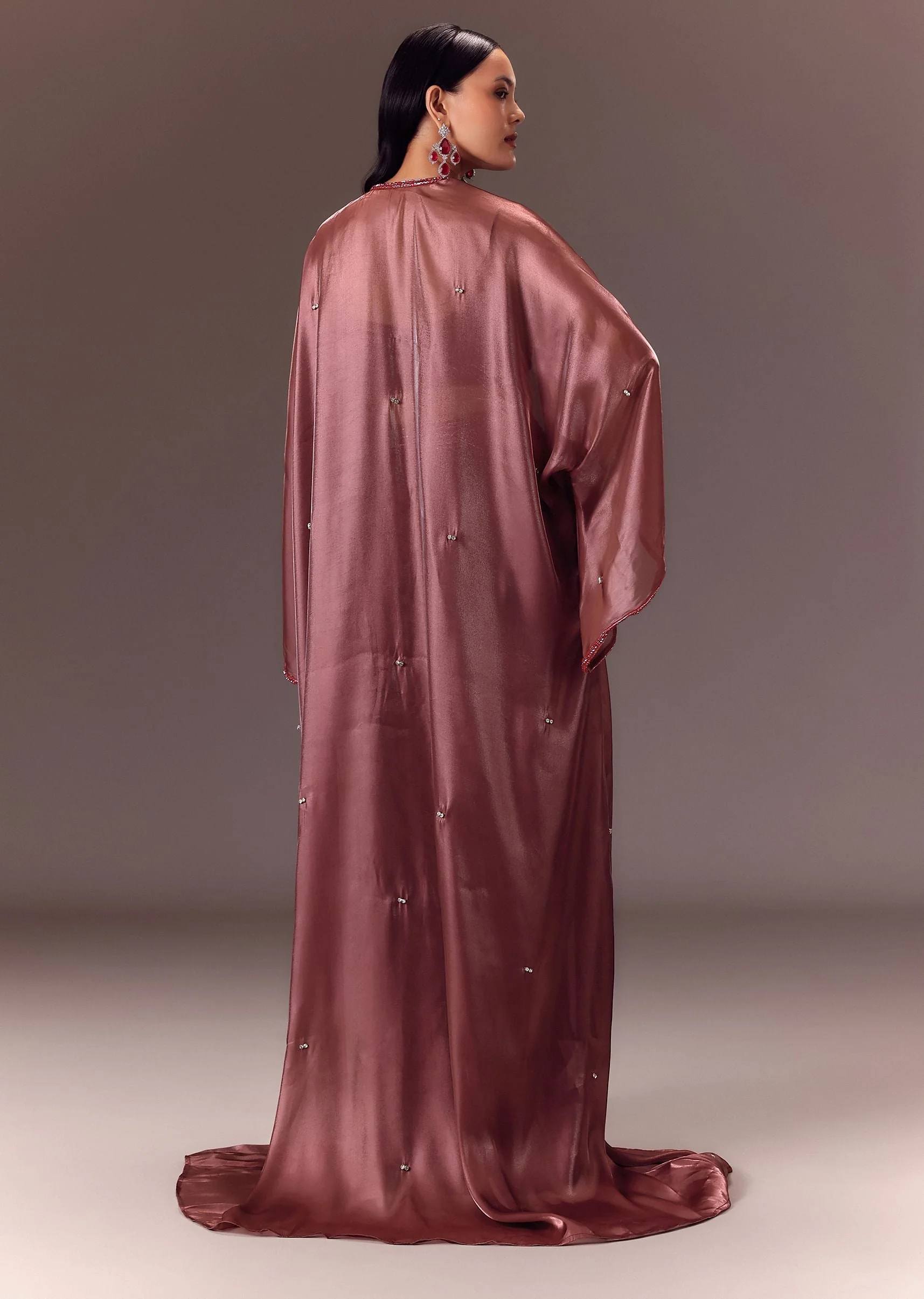 Maroon Organza Cowl Blouse With Jacket And Draped Skirt - Image 6