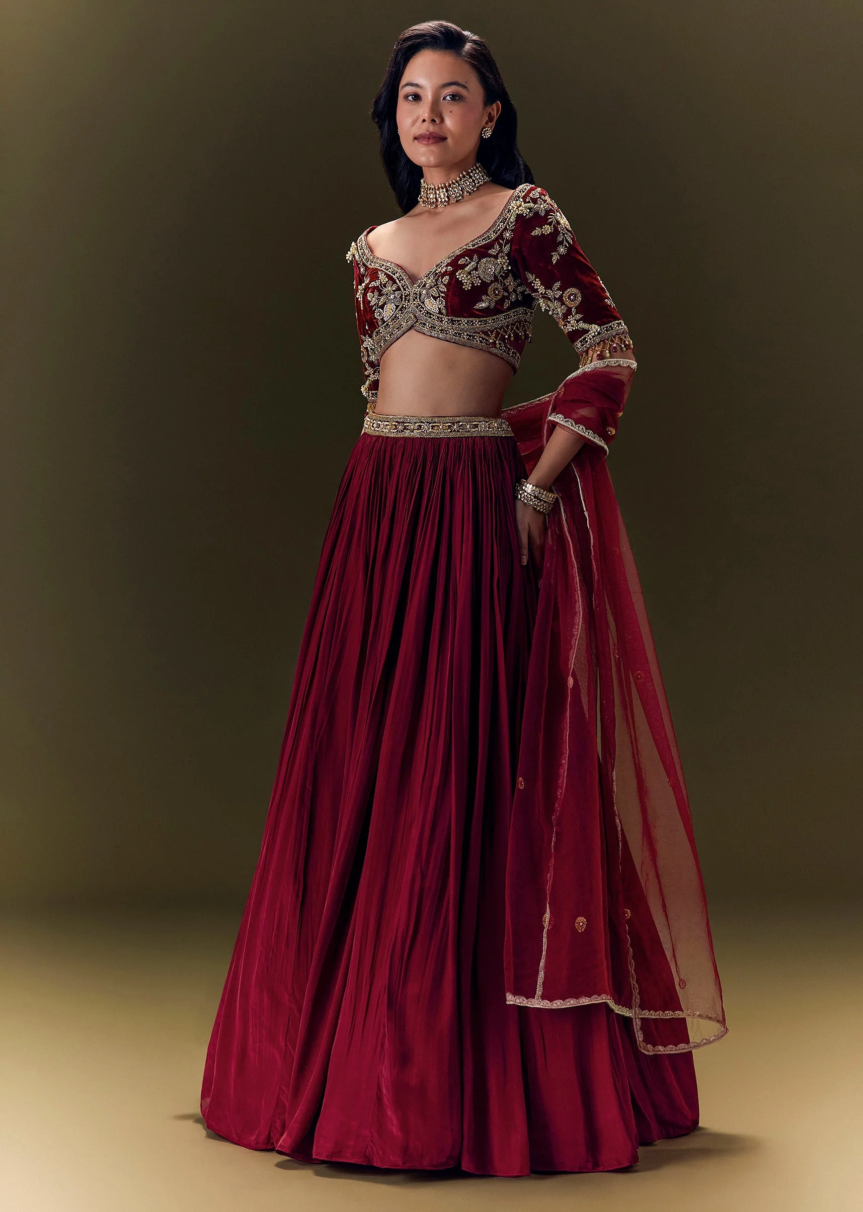 Maroon Pleated Skirt With Hand Embroidered Velvet Belt And Blouse With Net Dupatta - Image 5