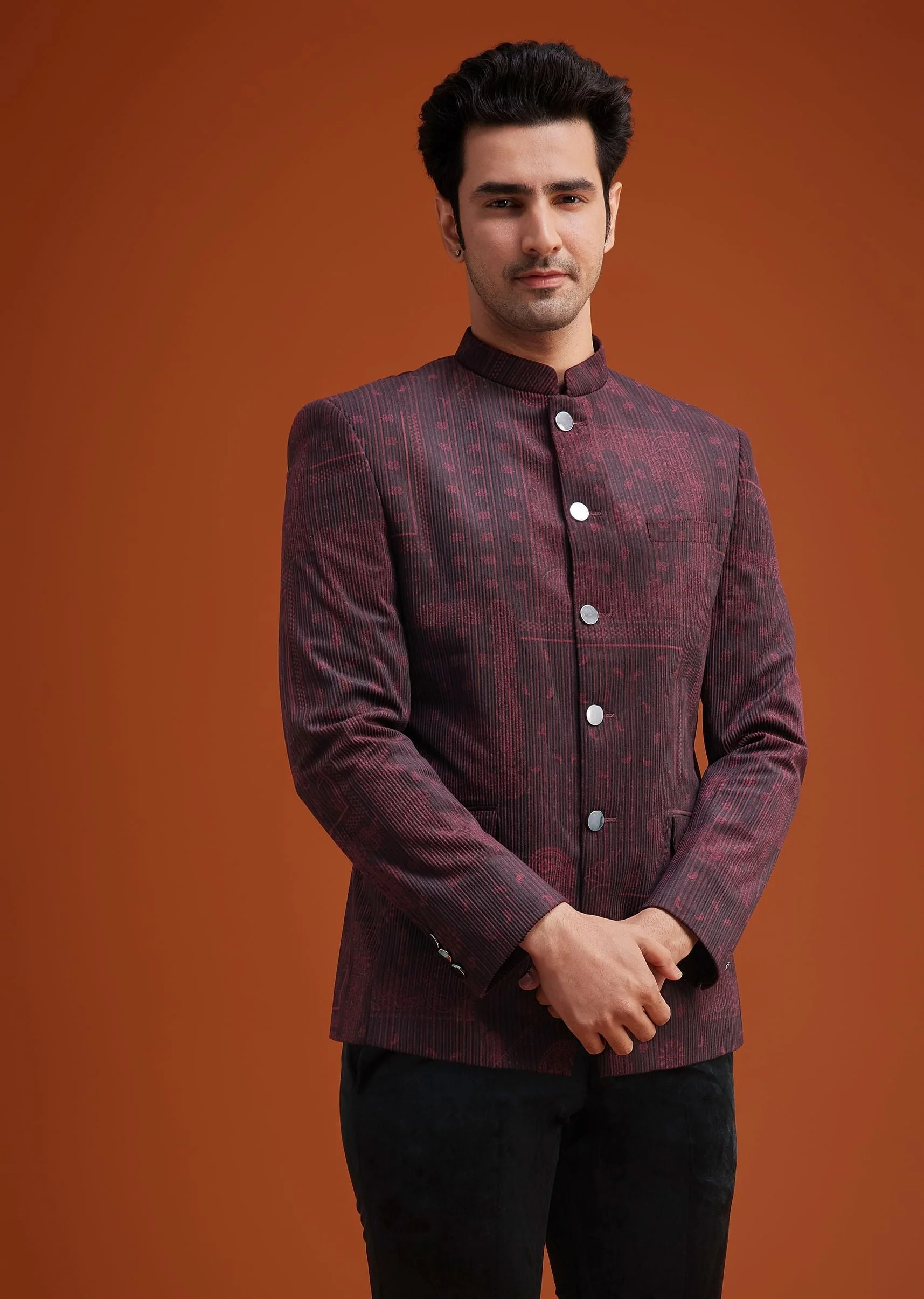 Maroon Printed Jodhpuri Suit With Pocket Square - Image 2