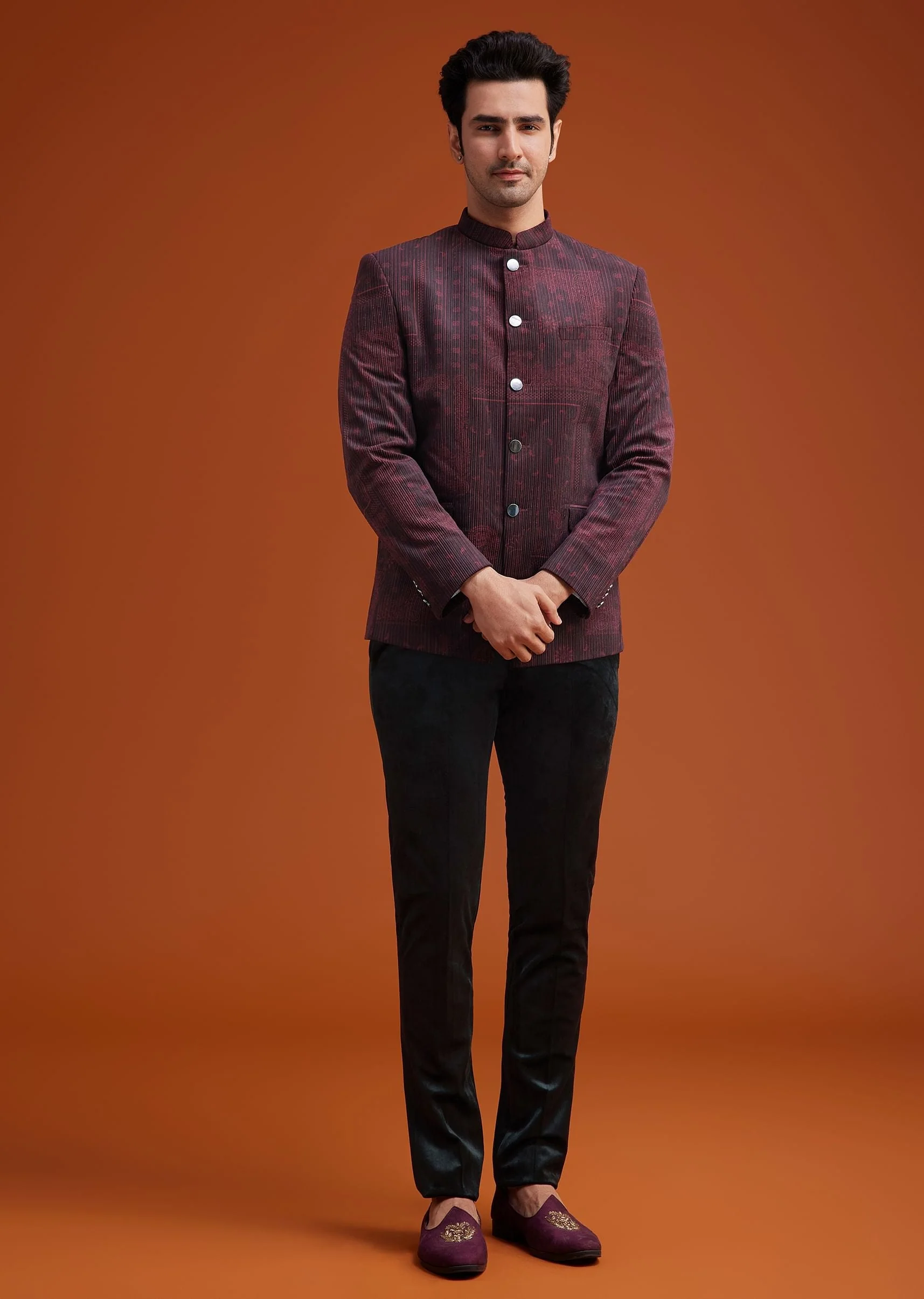 Maroon Printed Jodhpuri Suit With Pocket Square - Image 3