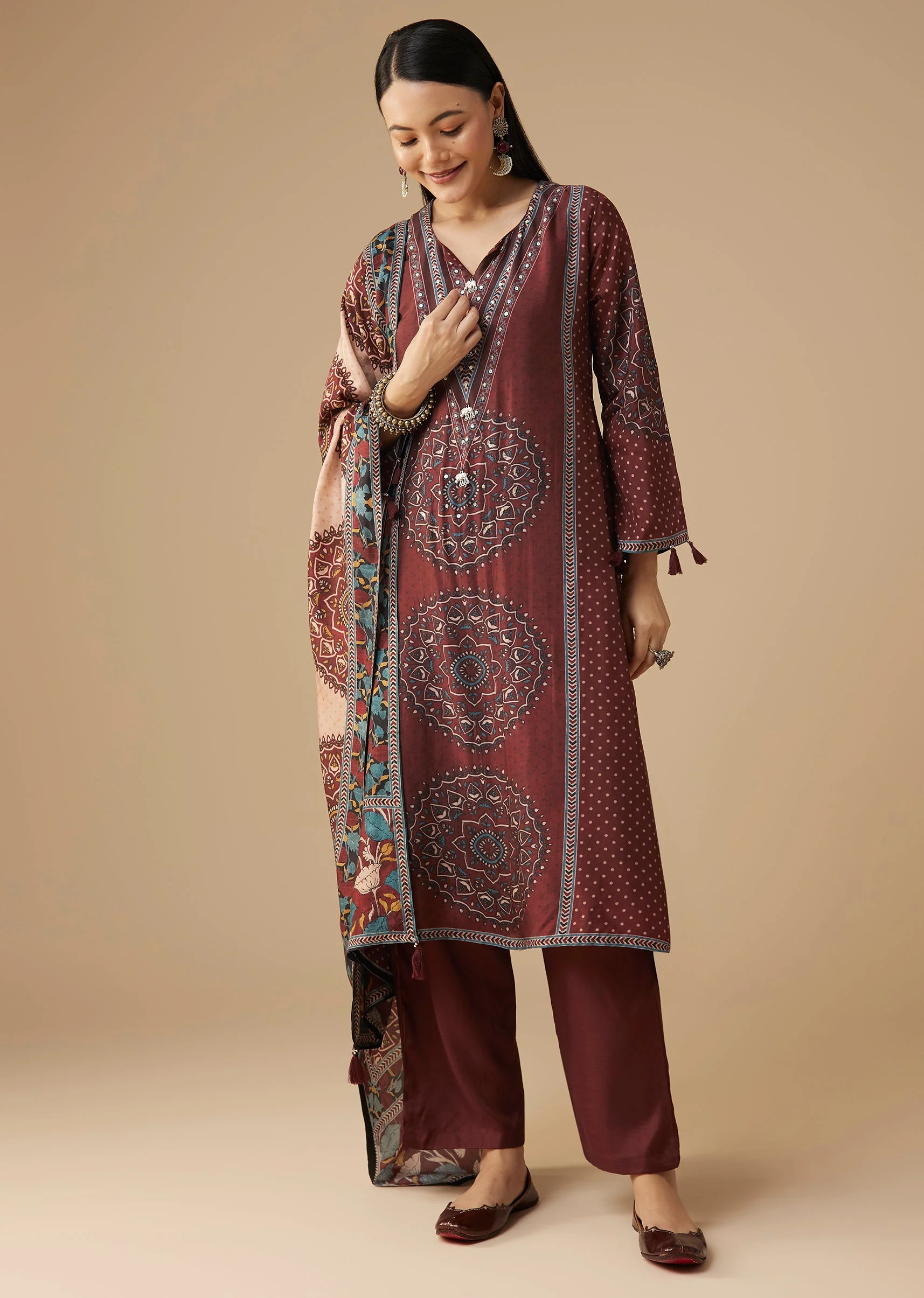 Maroon Printed Silk Kurta Pant Set - Image 3