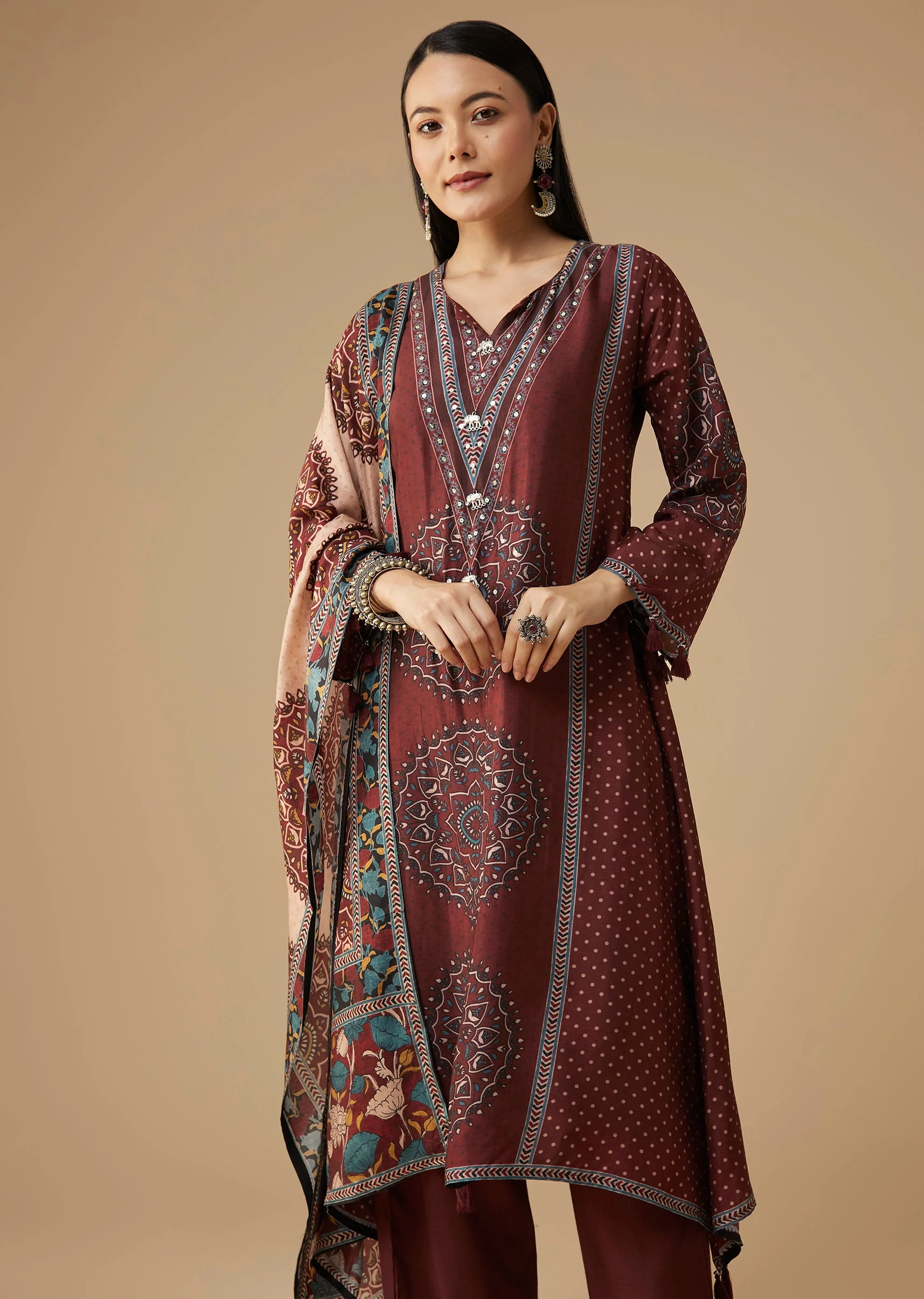 Maroon Printed Silk Kurta Pant Set - Image 4