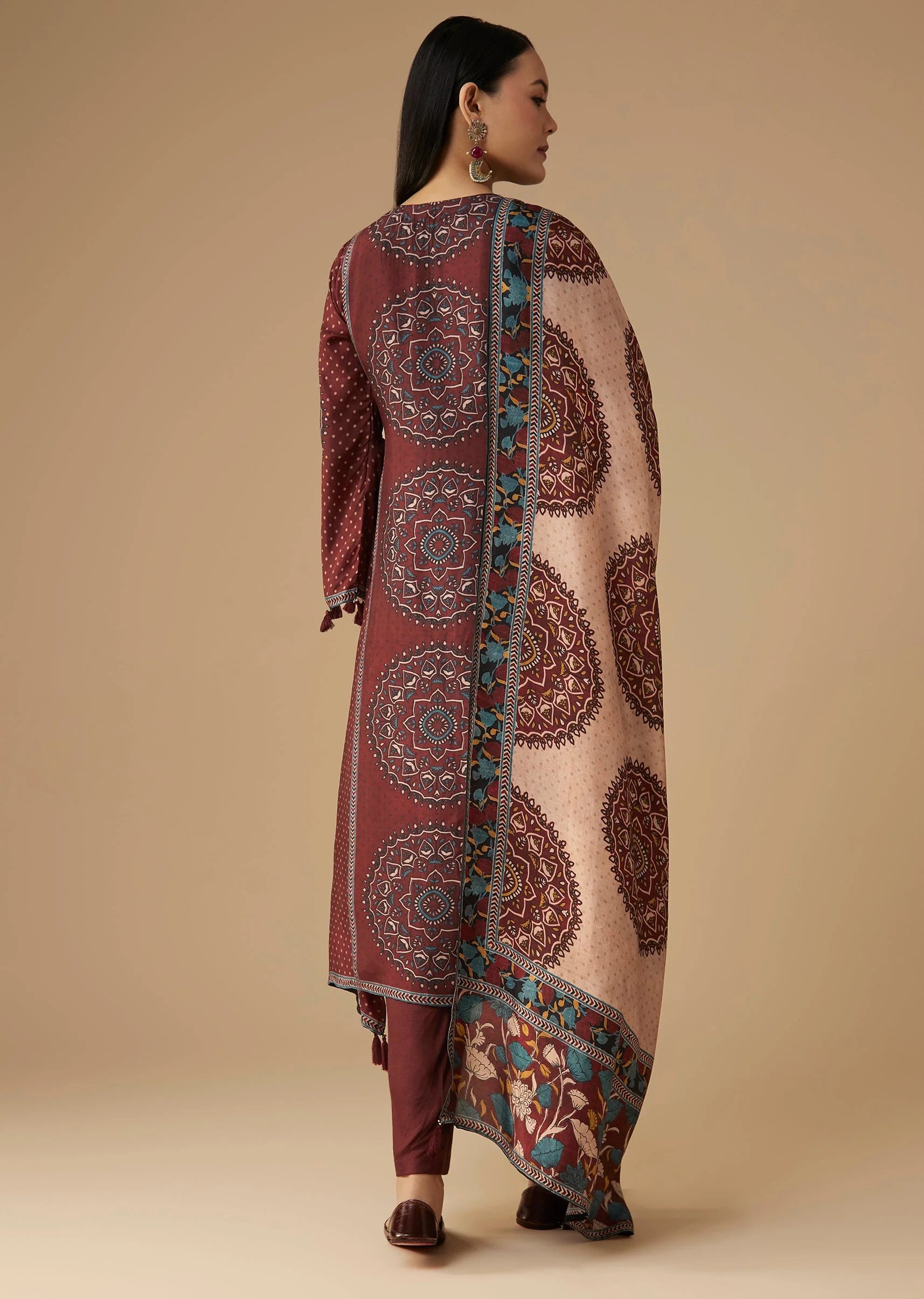Maroon Printed Silk Kurta Pant Set - Image 5