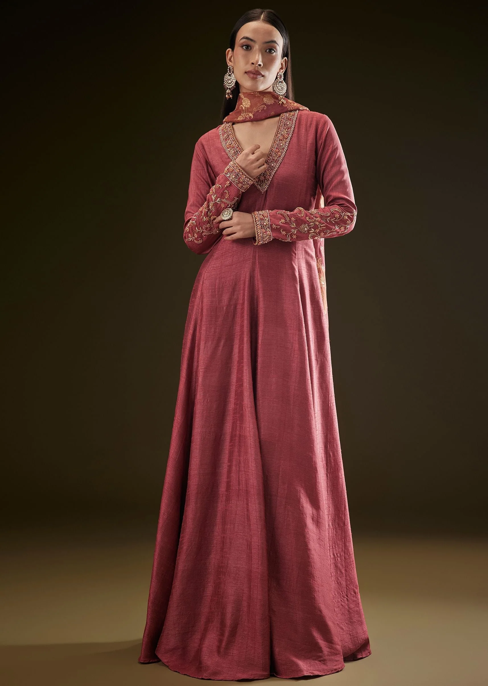 Maroon Raw Silk Embroidered Anarkali With Printed Dupatta - Image 3