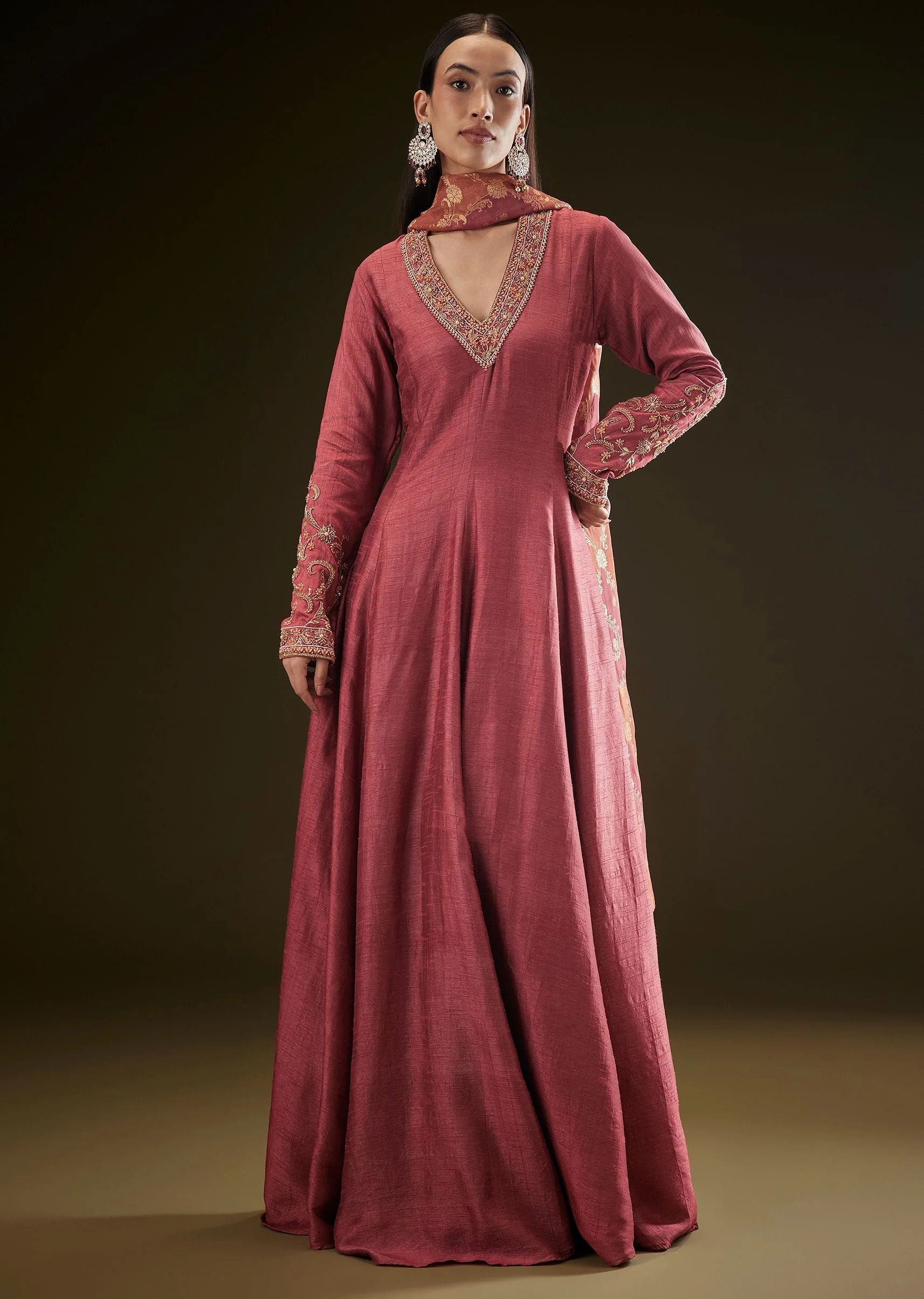 Maroon Raw Silk Embroidered Anarkali With Printed Dupatta - Image 4