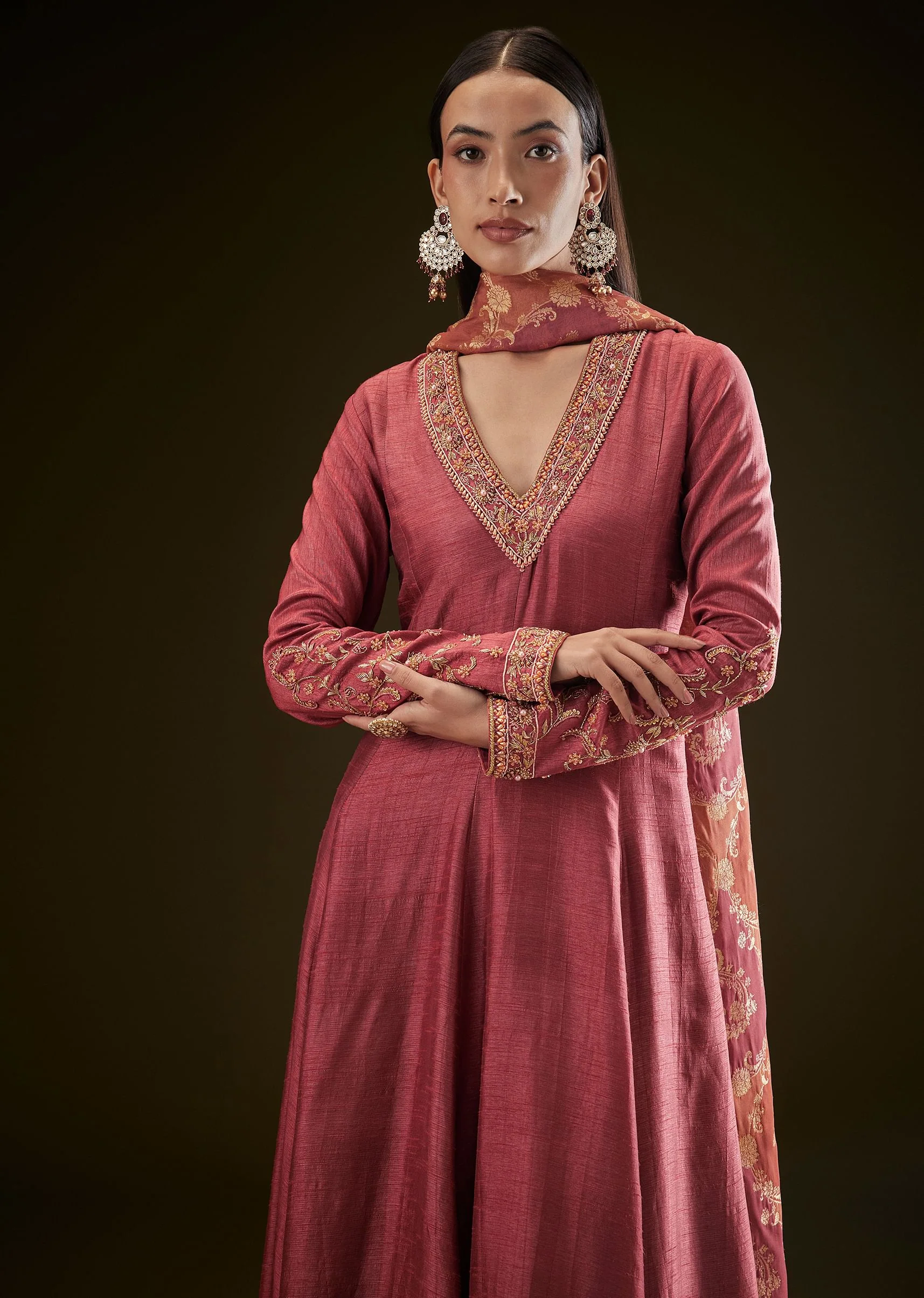 Maroon Raw Silk Embroidered Anarkali With Printed Dupatta - Image 7