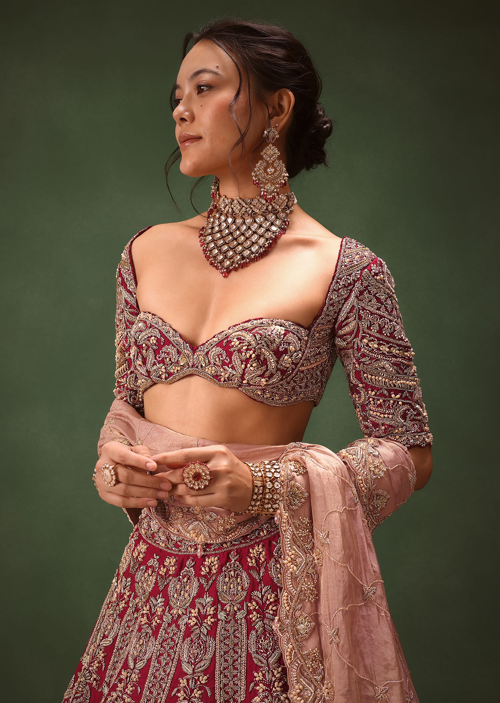 Maroon Raw Silk Hand Embroidered Bridal Lehenga With Two Dupattas - Image 2