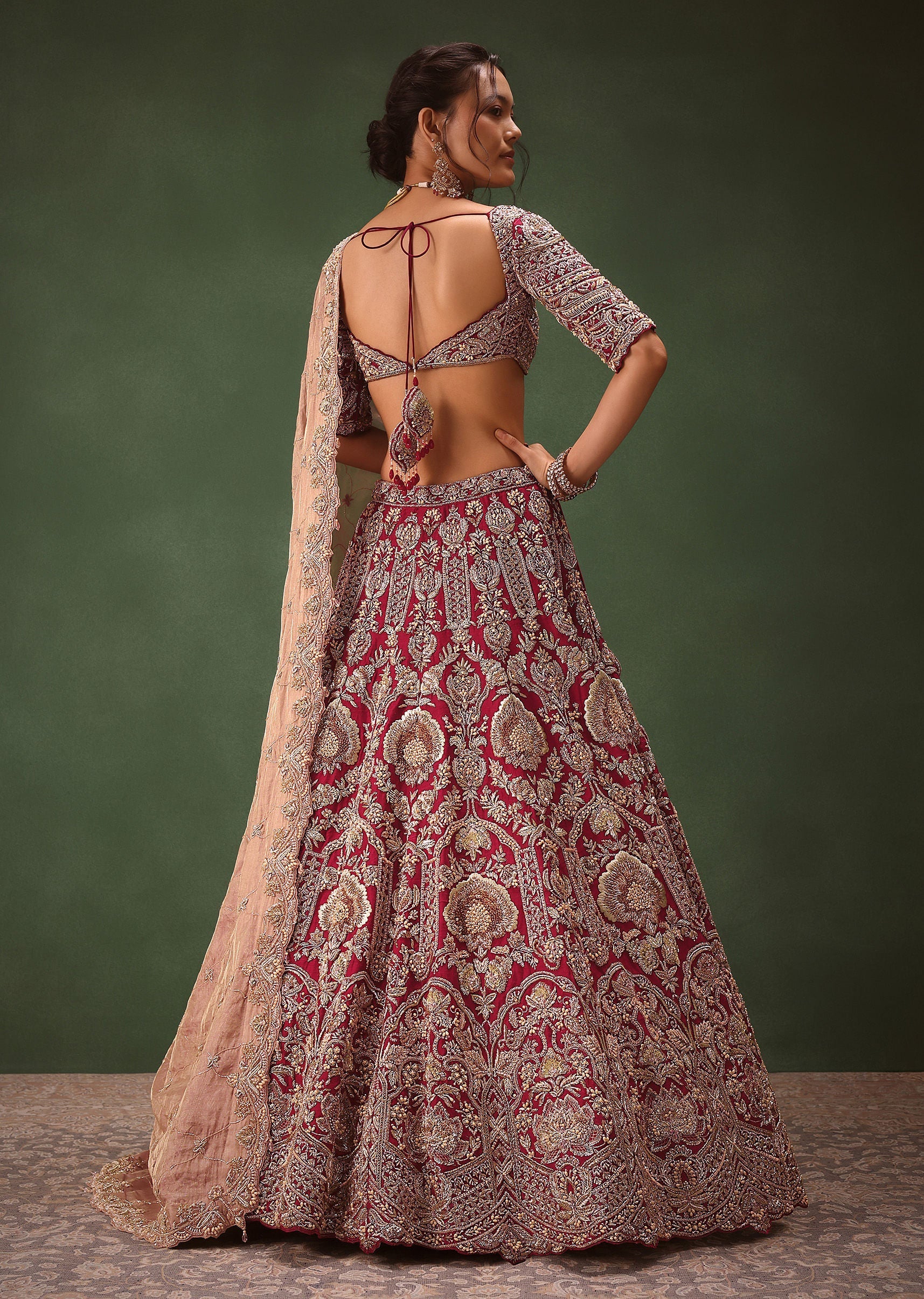 Maroon Raw Silk Hand Embroidered Bridal Lehenga With Two Dupattas - Image 4