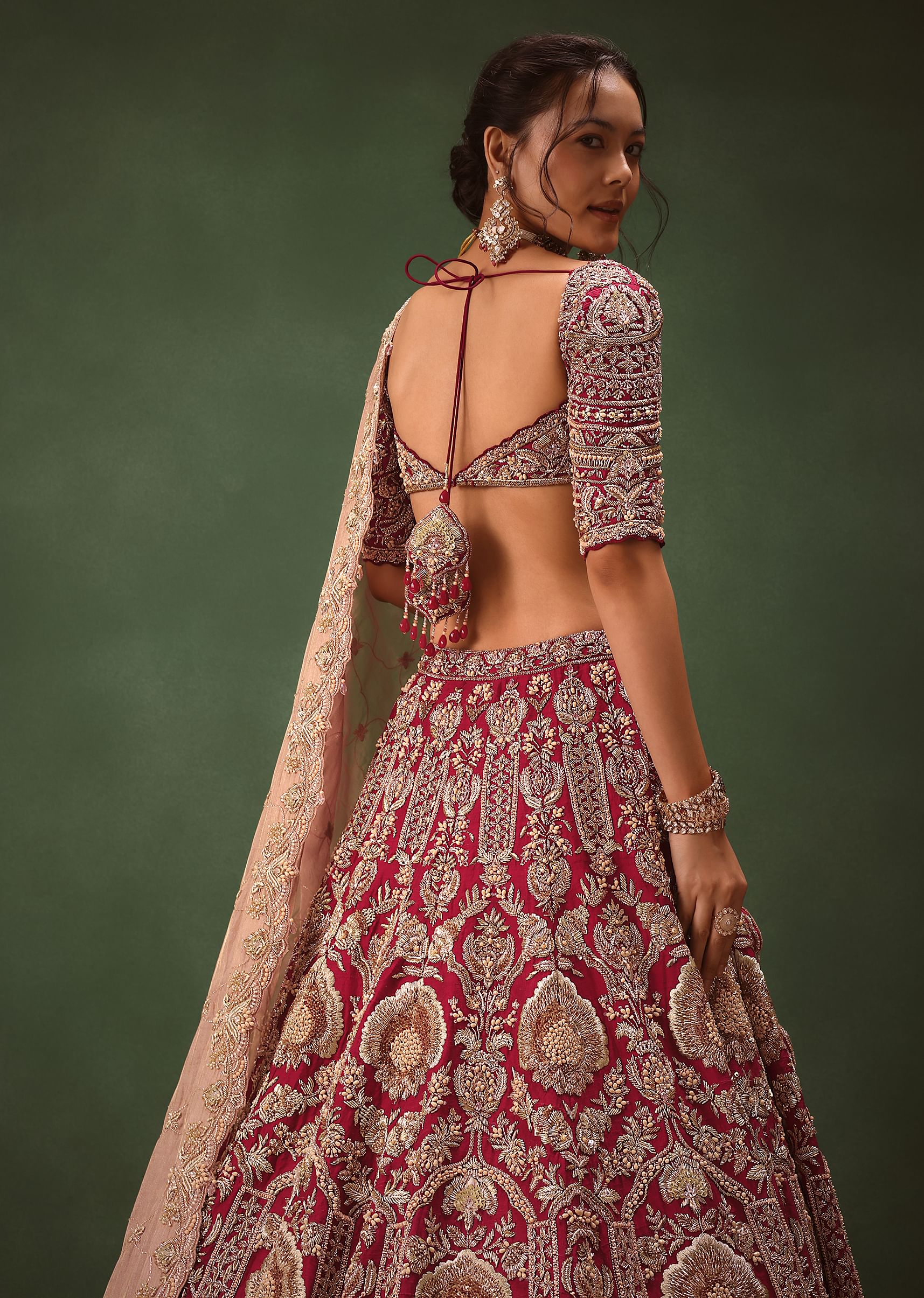 Maroon Raw Silk Hand Embroidered Bridal Lehenga With Two Dupattas - Image 6