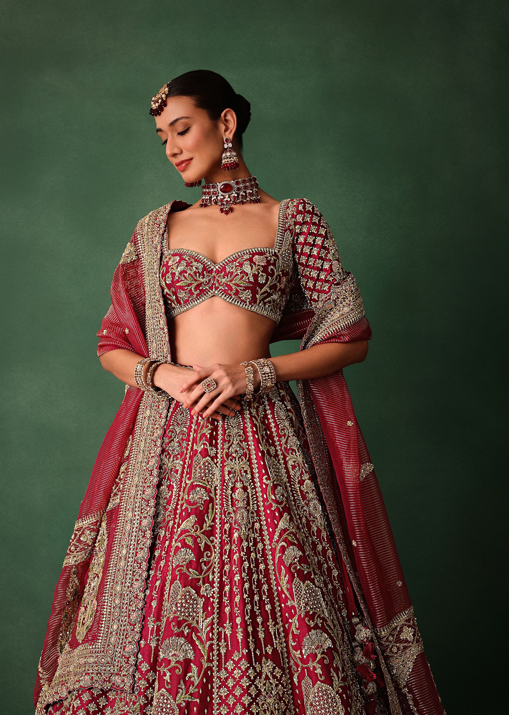 Maroon Raw Silk Hand Embroidered Lehenga Set With Tissue Dupatta - Image 2