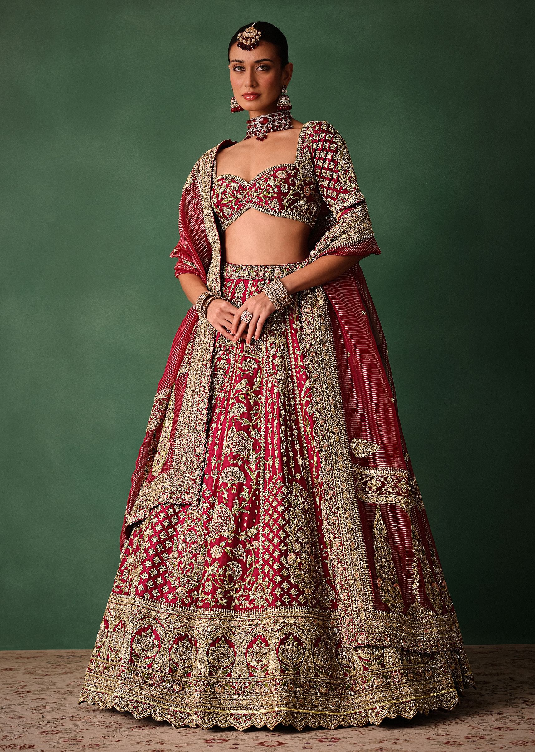 Maroon Raw Silk Hand Embroidered Lehenga Set With Tissue Dupatta - Image 3