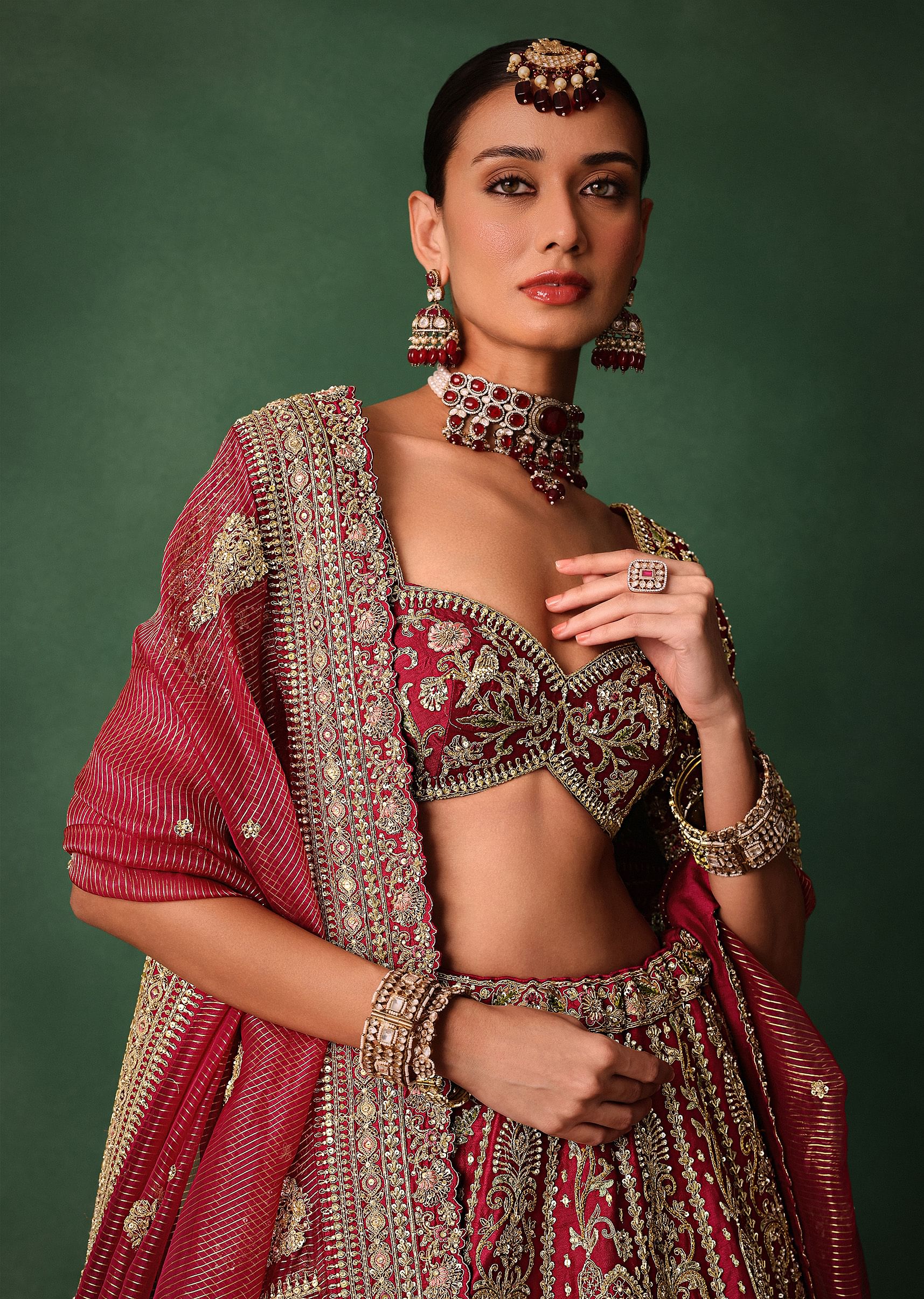 Maroon Raw Silk Hand Embroidered Lehenga Set With Tissue Dupatta - Image 4